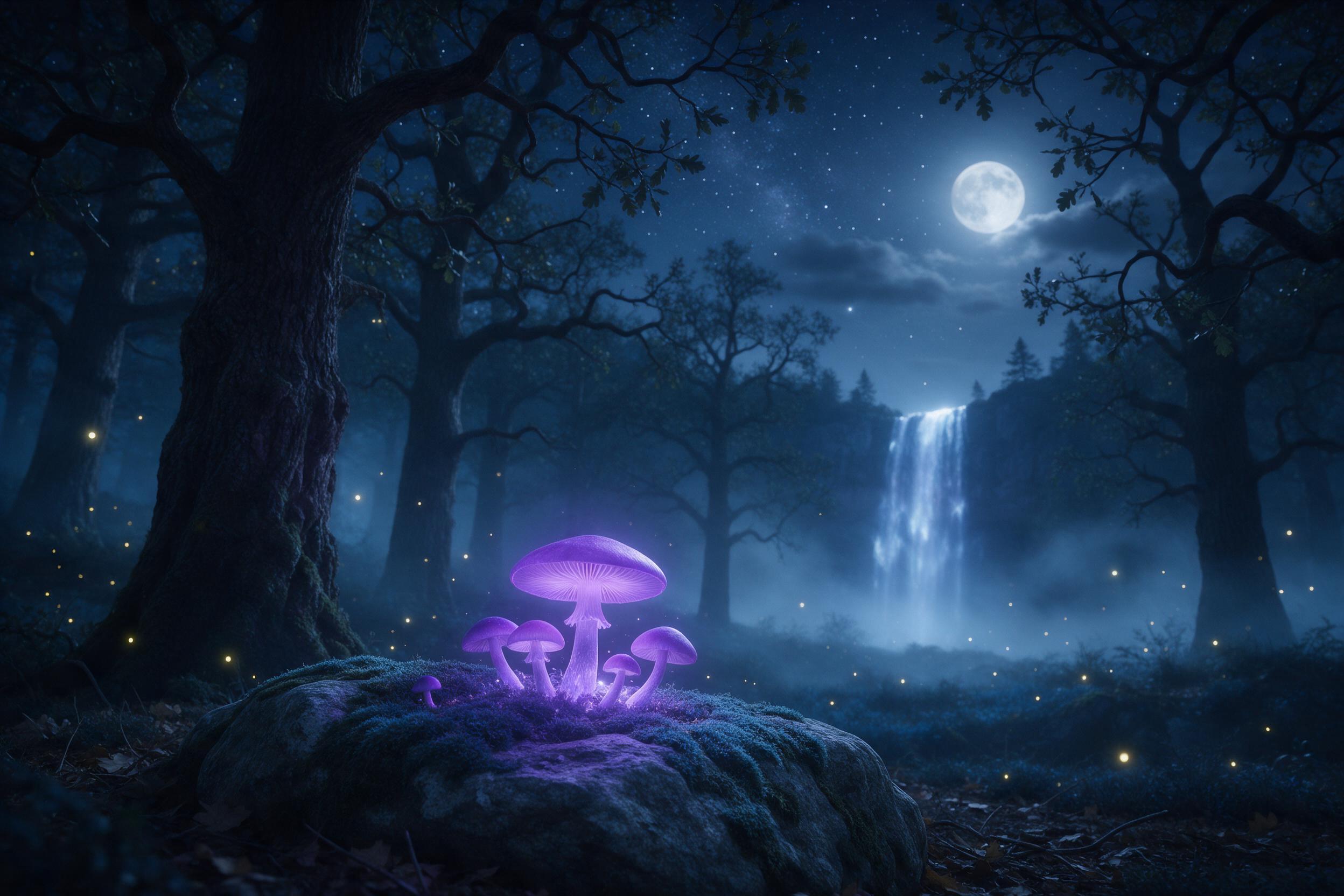 A moonlit forest clearing where luminous mushrooms cast soft purple light on mossy stones, a gentle mist weaves between ancient oaks, distant waterfall glows under a starry sky, ethereal fireflies drift, cinematic composition with layered depth and cool blue tones