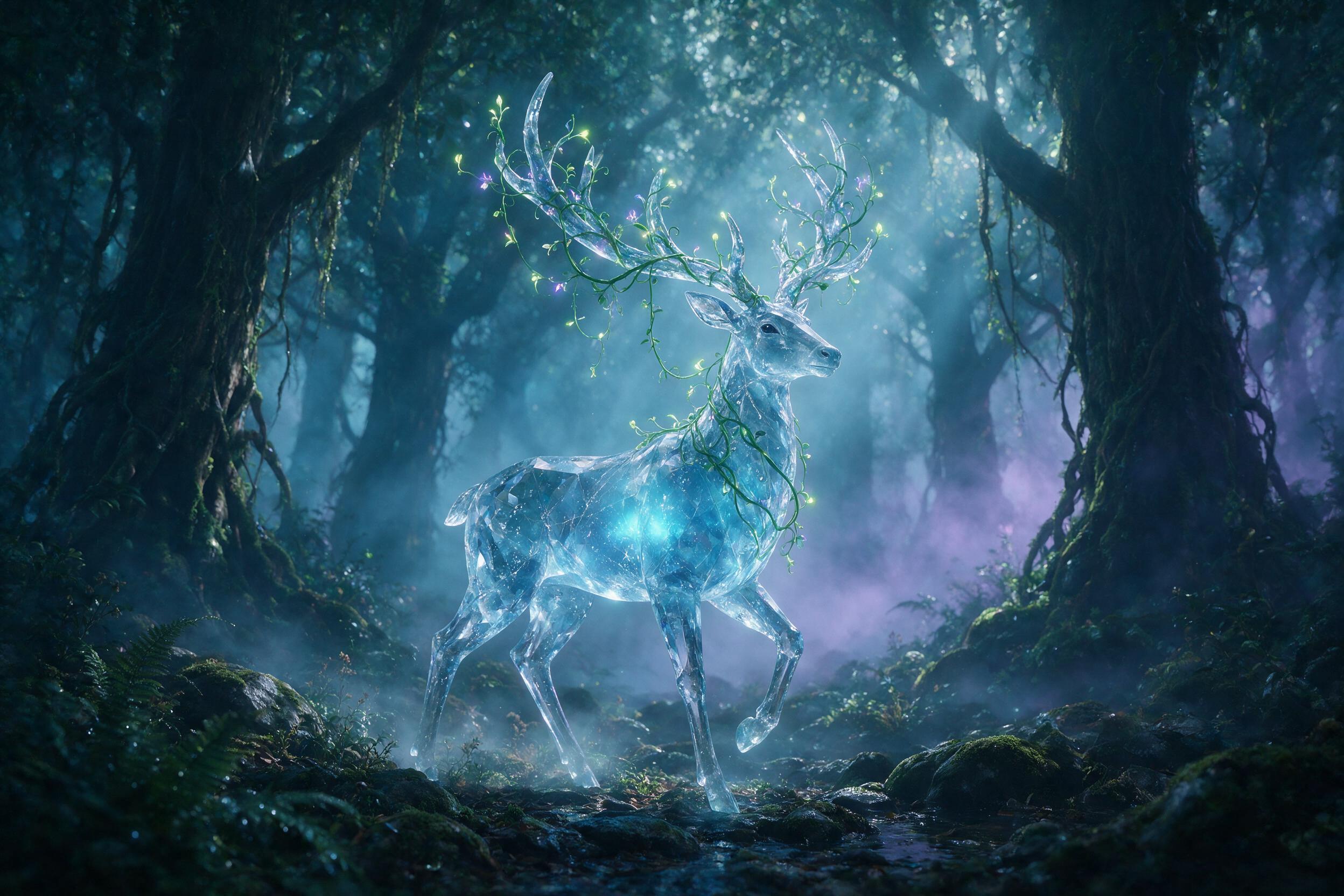 A glowing crystal stag stands in a misty, ancient forest, its antlers entwined with bioluminescent vines. Soft moonbeams pierce the canopy, casting dappled light on mossy stones. Ethereal blue and green hues, with a hint of purple fog. Slight motion blur on the stag's delicate steps.