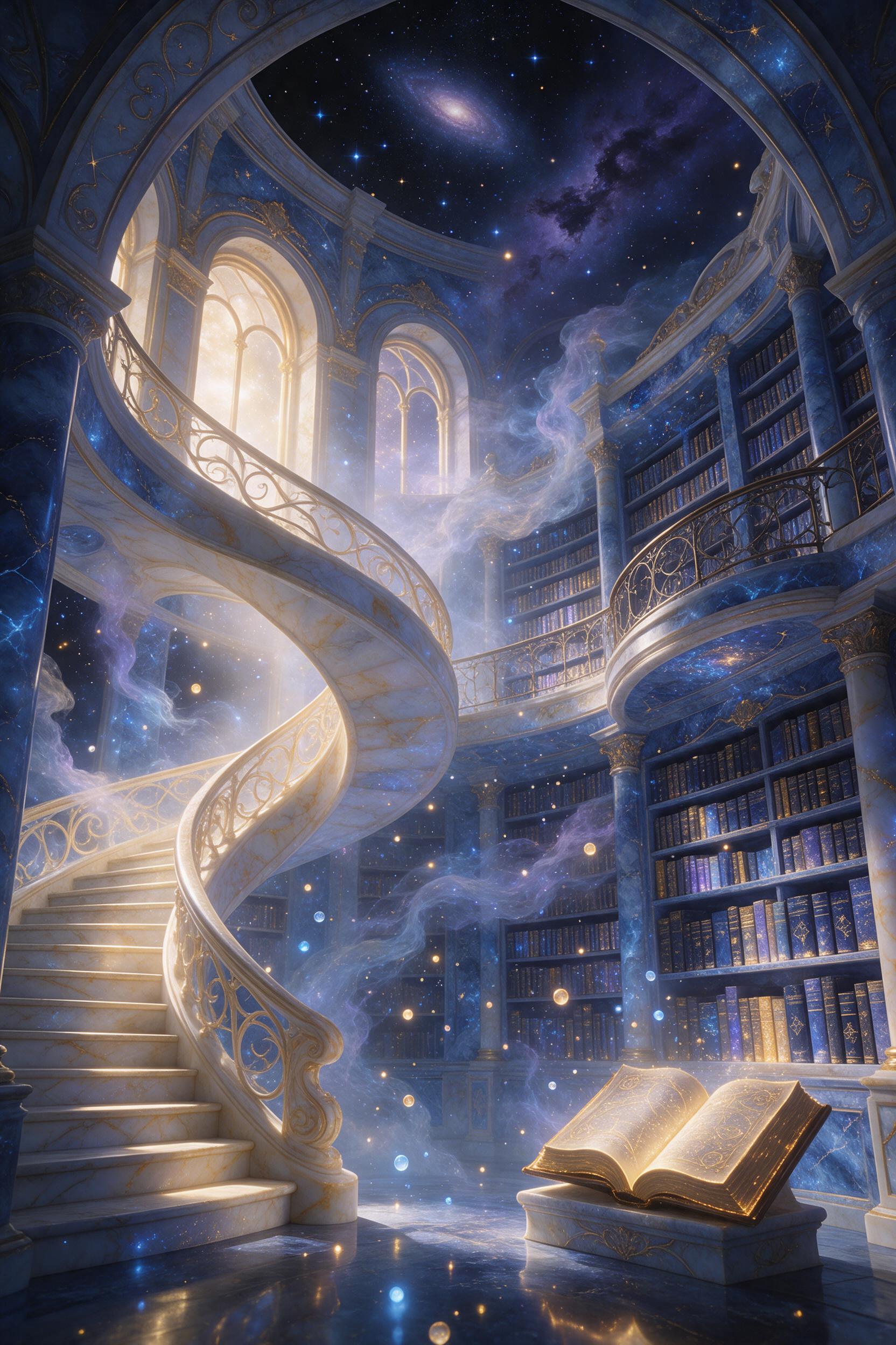 A celestial library floating among the stars, carved from glowing marble, with towering shelves of luminous books. Ethereal blue and gold light spills from arched windows onto a spiral staircase. Wispy nebula clouds drift through the open atrium, and tiny glowing orbs flit between the aisles. Shot f