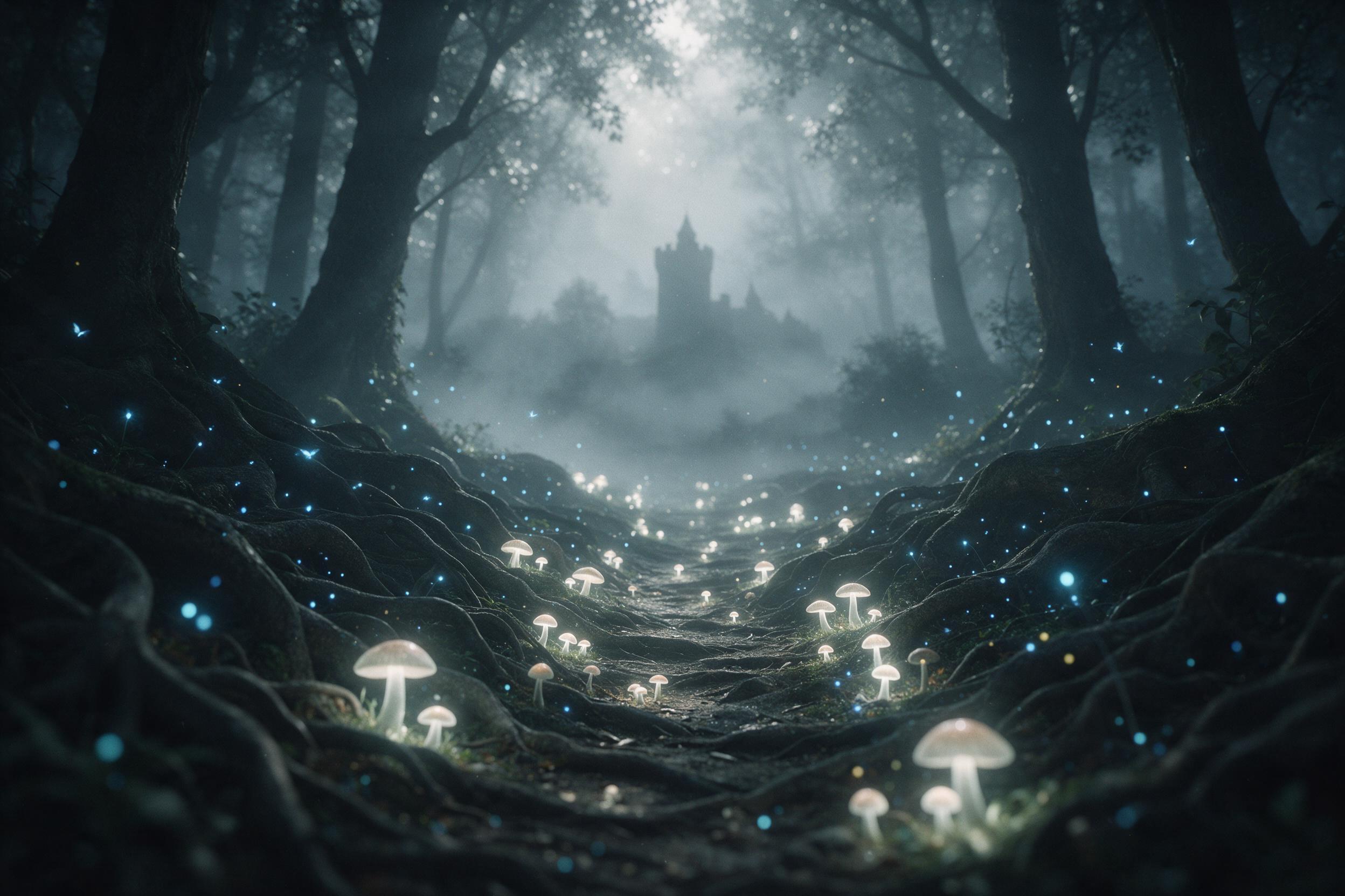 A misty moonlit forest where ancient glowing mushrooms illuminate a winding path, ethereal blue fireflies drift between twisted roots, a distant silhouette of a castle tower rising above fog, cool silver and teal palette, soft volumetric light rays piercing canopy, shallow depth of field, subtle gra