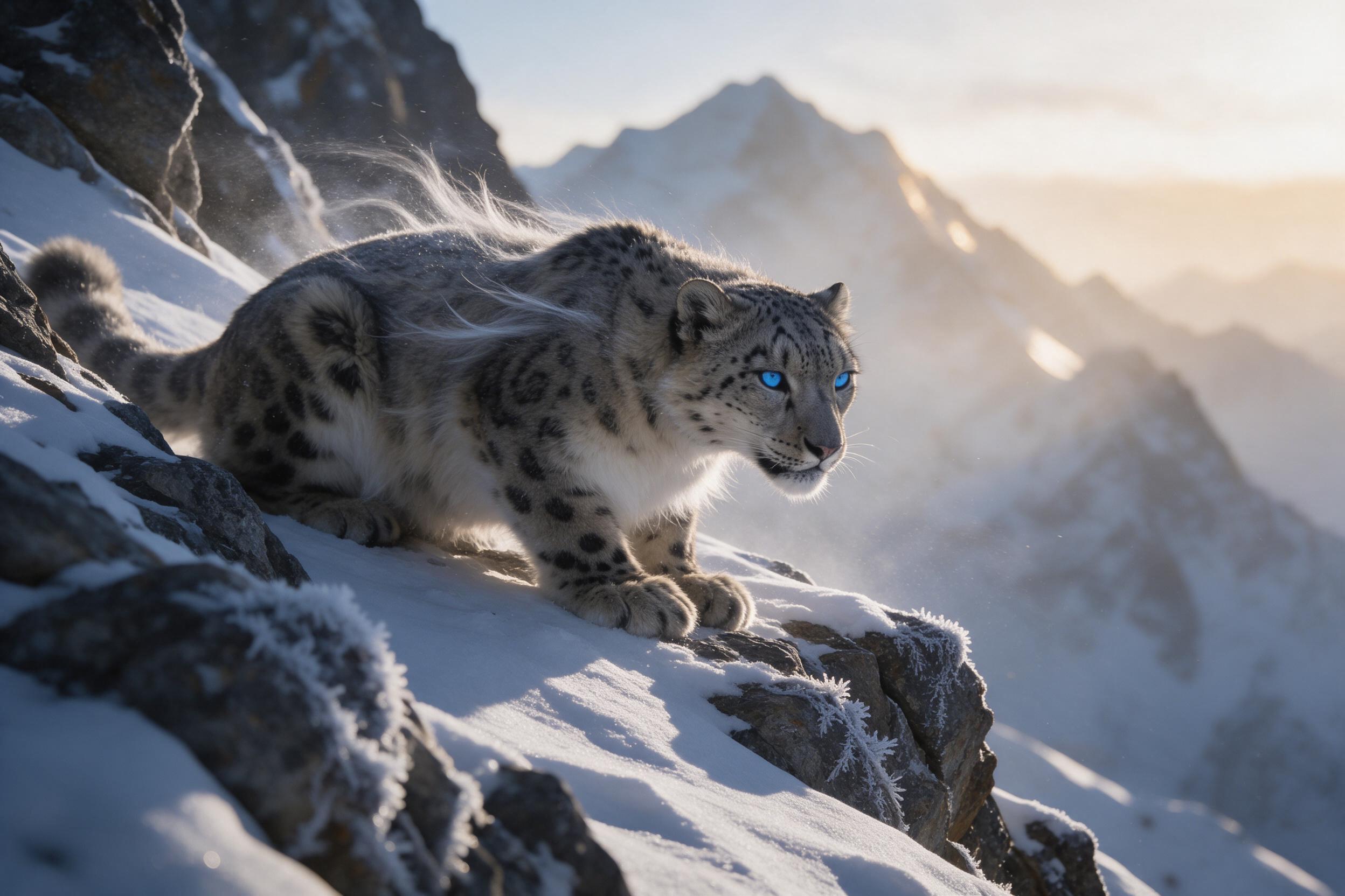 A snow leopard crouches on a craggy Himalayan cliff at dawn, fur rippling in icy wind, piercing blue eyes fixed forward. Soft golden light spills over distant peaks, casting long shadows in fresh powder snow. Foreground rocks textured with frost, background blurred by atmospheric haze, slight camera