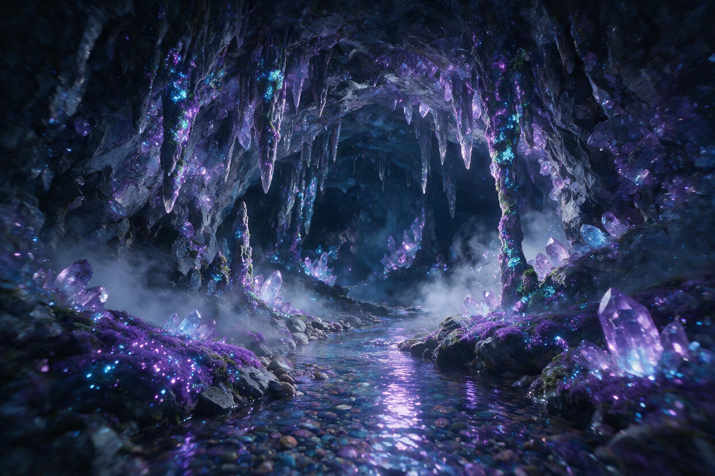 A luminous crystal cave deep underground, glowing purple and blue bioluminescent moss clinging to jagged stalactites, a small stream reflecting the light, mist swirling, soft ethereal glow, atmospheric perspective, wide angle shot, slight camera shake, natural lighting from crystals