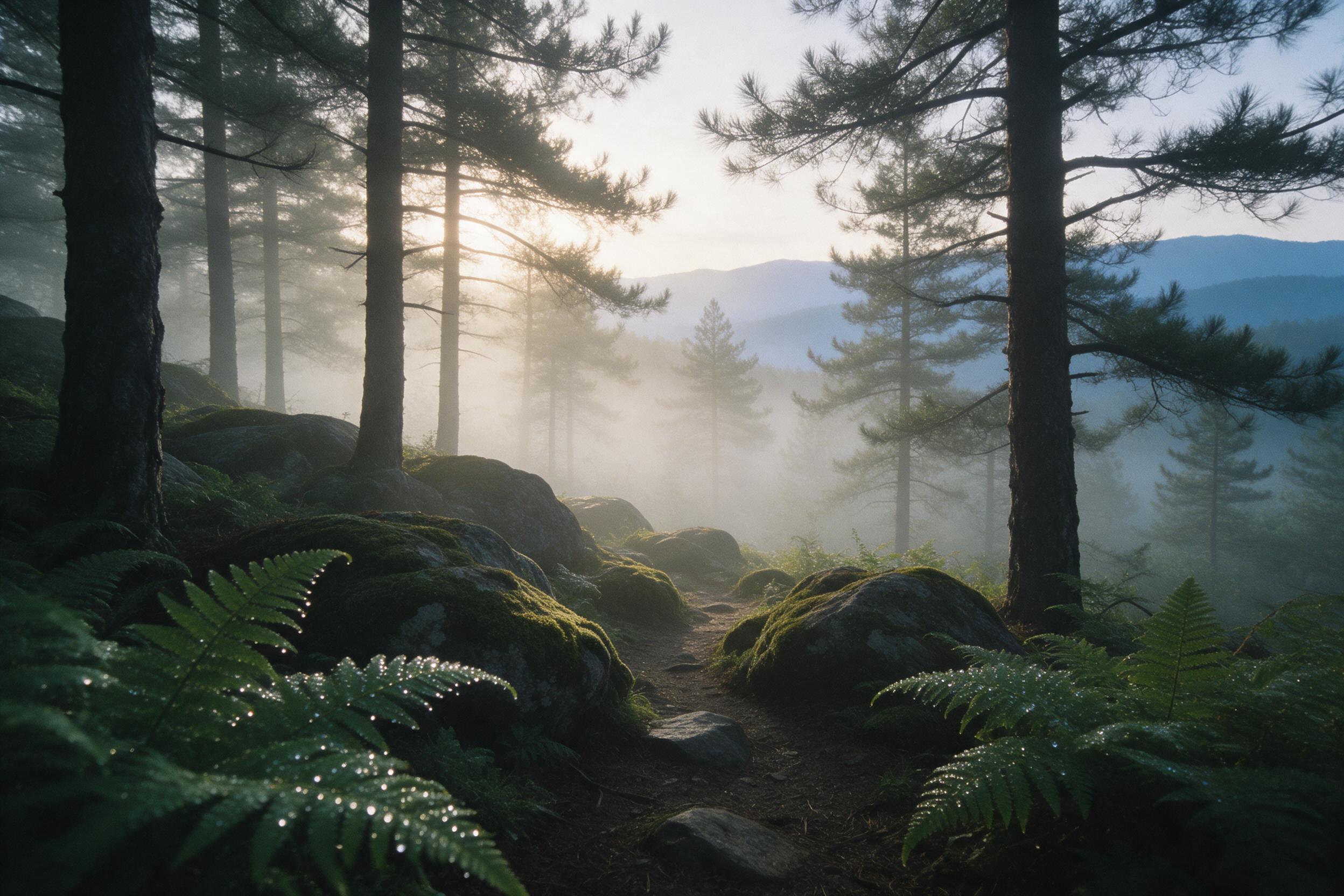 Misty pine forest at dawn, soft golden light filtering through fog, a narrow dirt path winding between moss-covered rocks, dew drops on ferns in sharp foreground, distant blue mountain layers, tranquil atmosphere, natural color grading, slight film grain.