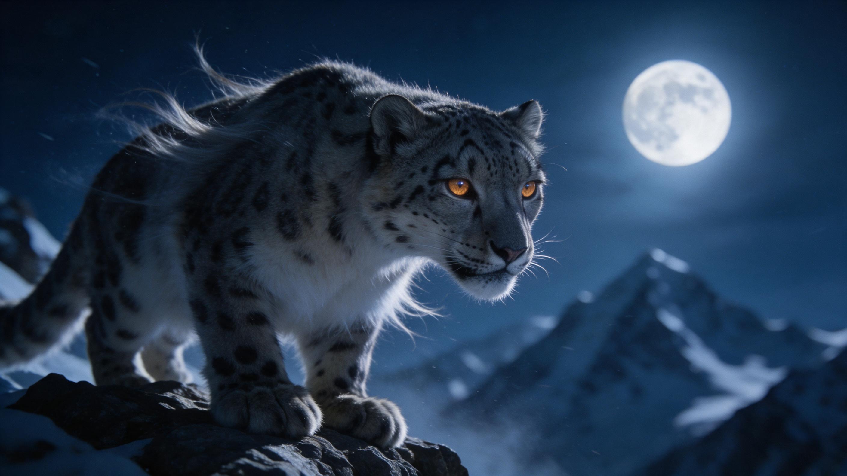 A snow leopard poised on a rocky outcrop under a full moon, its fur rippling in the cold wind. Soft blue moonlight casts long shadows across the icy peaks; the cat's amber eyes reflect the moon. Deep focus on the leopard, blurred snowy mountain background. Subtle grain, natural night lighting.