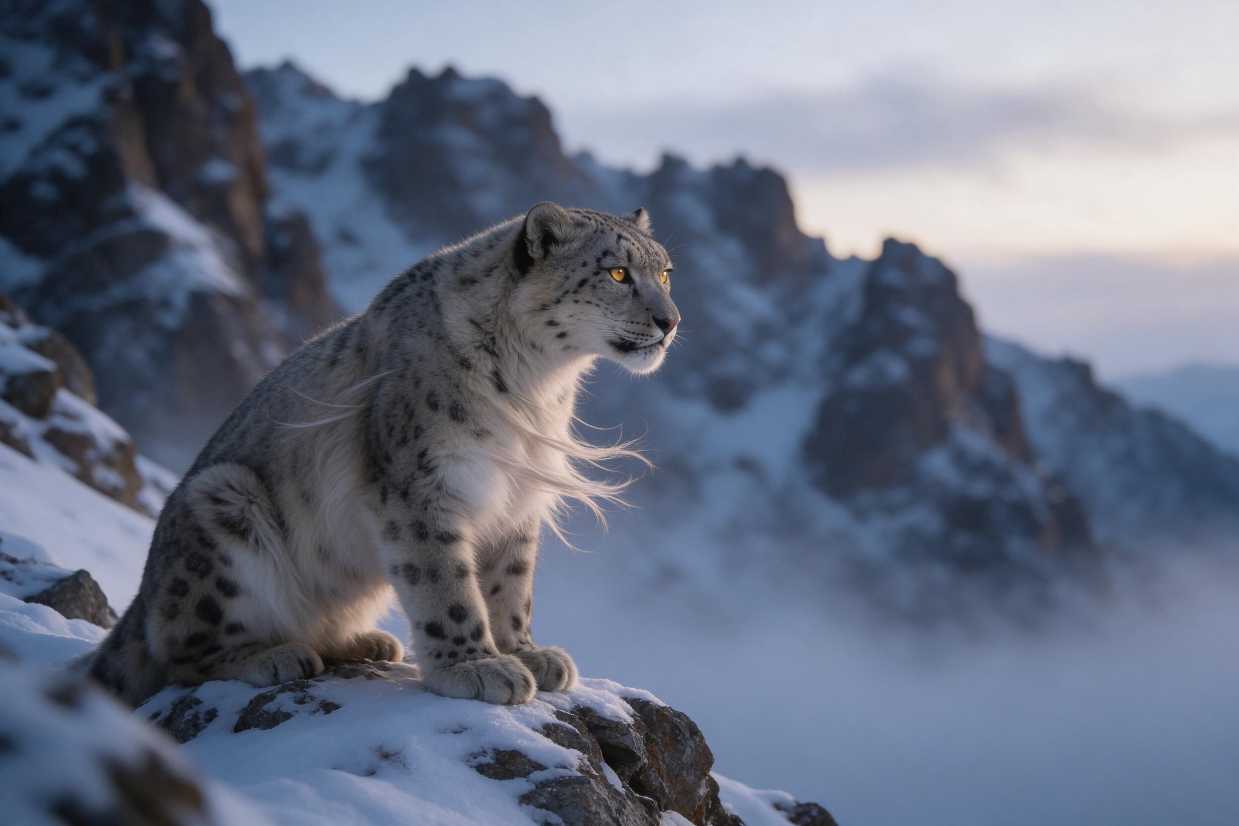 A snow leopard perched on a rocky outcrop at dusk, fur rippling in cold wind, golden eyes catching the last light, snow-dusted crags fading into blue mist below, telephoto compression, naturalistic detail, soft overcast light with a hint of warm glow