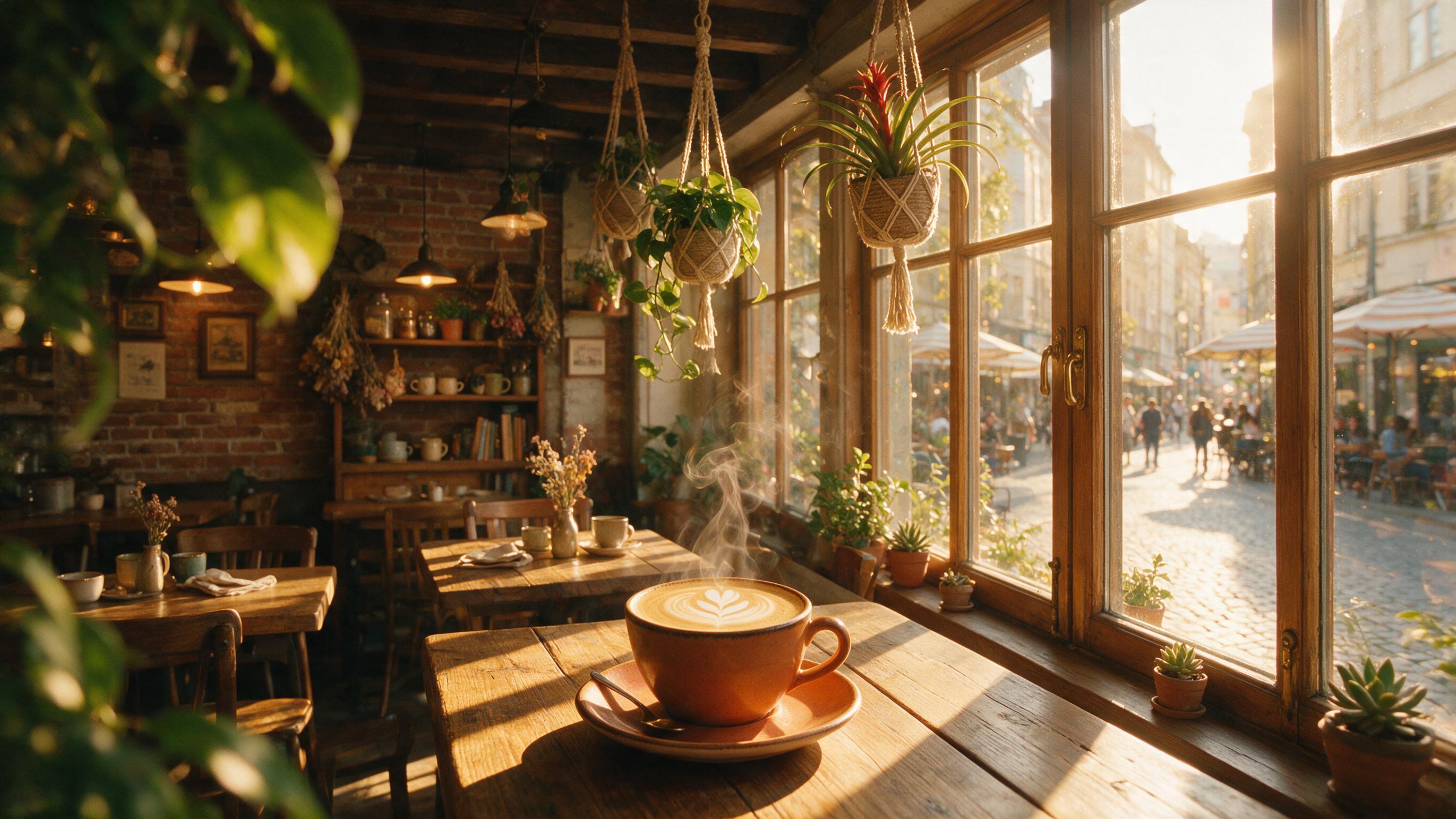 A cozy street cafe interior at golden hour, warm sunlight streaming through large windows, casting long shadows on wooden tables, a single steaming coffee cup with latte art, soft bokeh from hanging plants, slightly overexposed window highlights, natural ambient light, 35mm film grain, candid moment