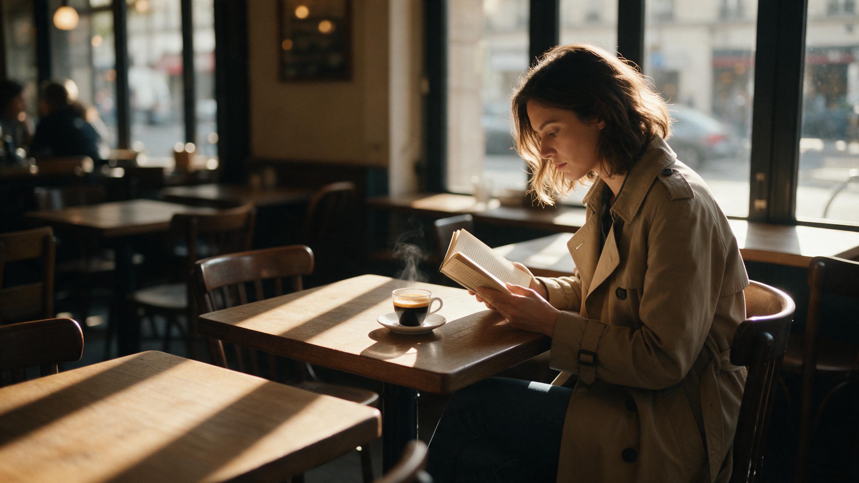 A quiet Parisian cafe at golden hour, warm light streaming through large windows, casting long shadows on wooden tables. A lone woman in a trench coat reads a book, steam rising from her espresso. View from a nearby table, shallow depth of field, film grain, natural light.