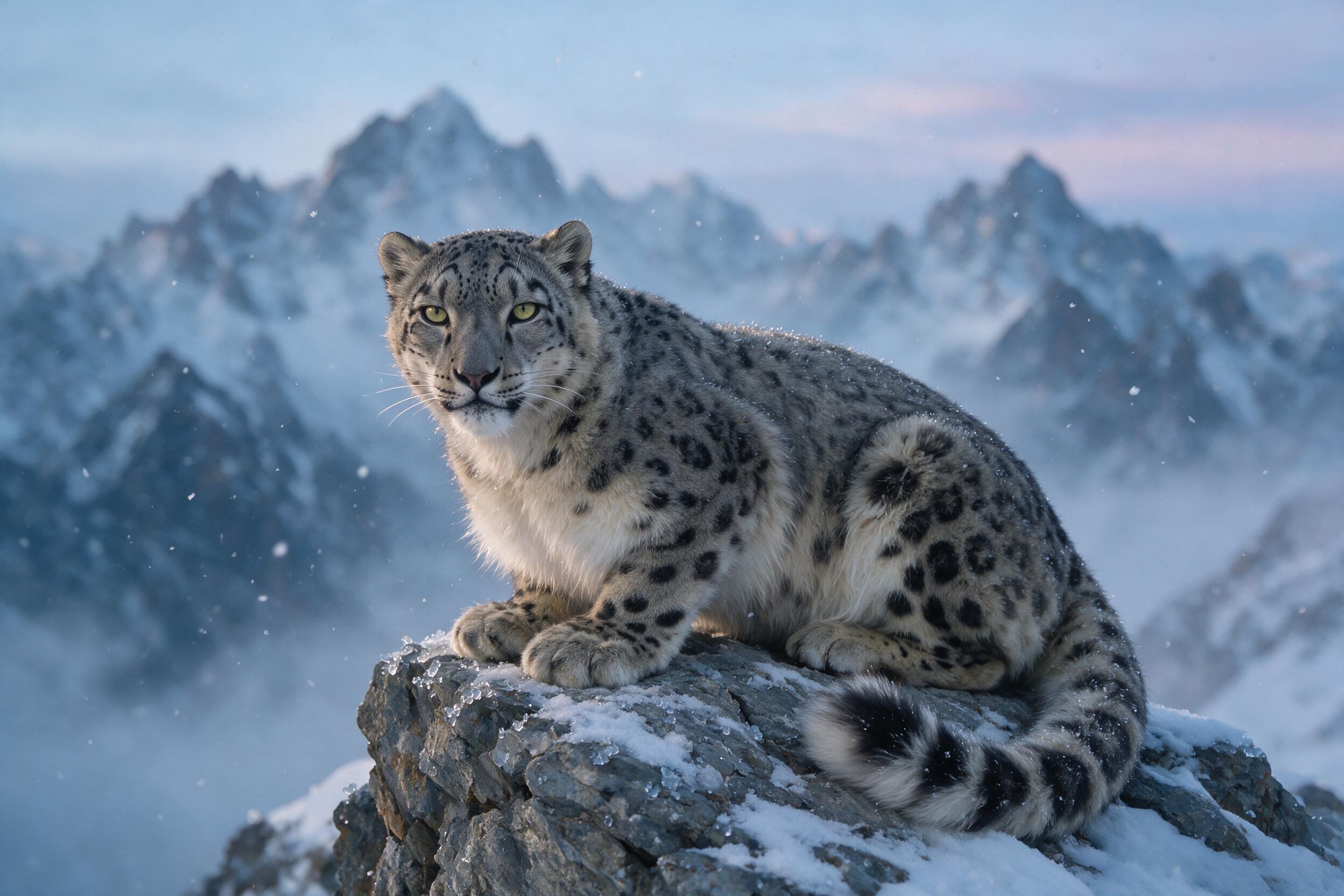 A snow leopard crouches on a rocky outcrop under a pale blue twilight sky, with scattered snowflakes falling and distant jagged peaks fading into mist. The fur glistens with subtle moisture, and the background is softly blurred to emphasize the animal's sharp, calm gaze.