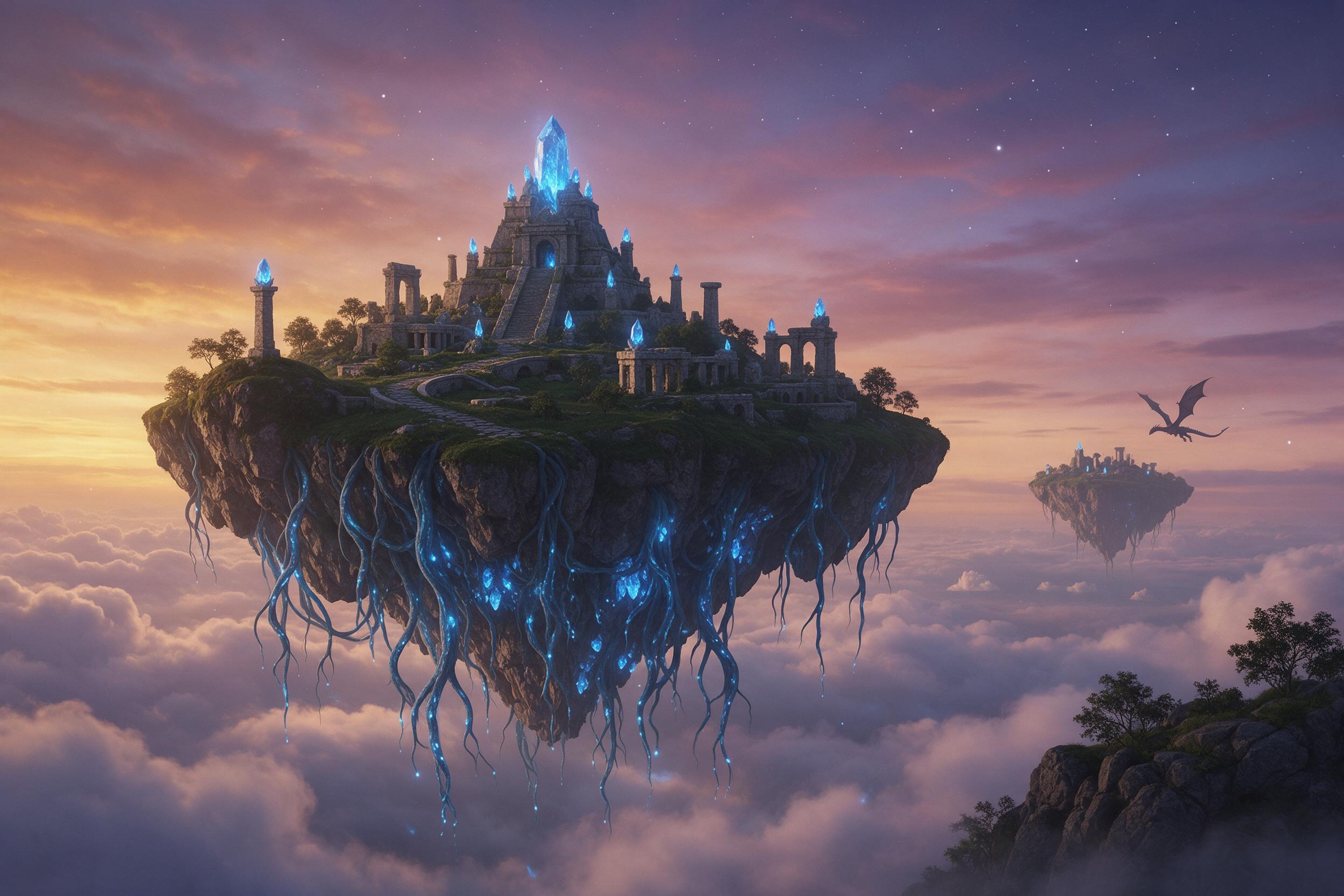 A floating island at twilight, its underside dripping with glowing blue roots into a sea of clouds. Ancient stone ruins crowned with luminous crystals on top. Distant silhouette of a dragon circling a second, smaller island. Soft lavender and amber sky, stars emerging. Composition: wide shot, island