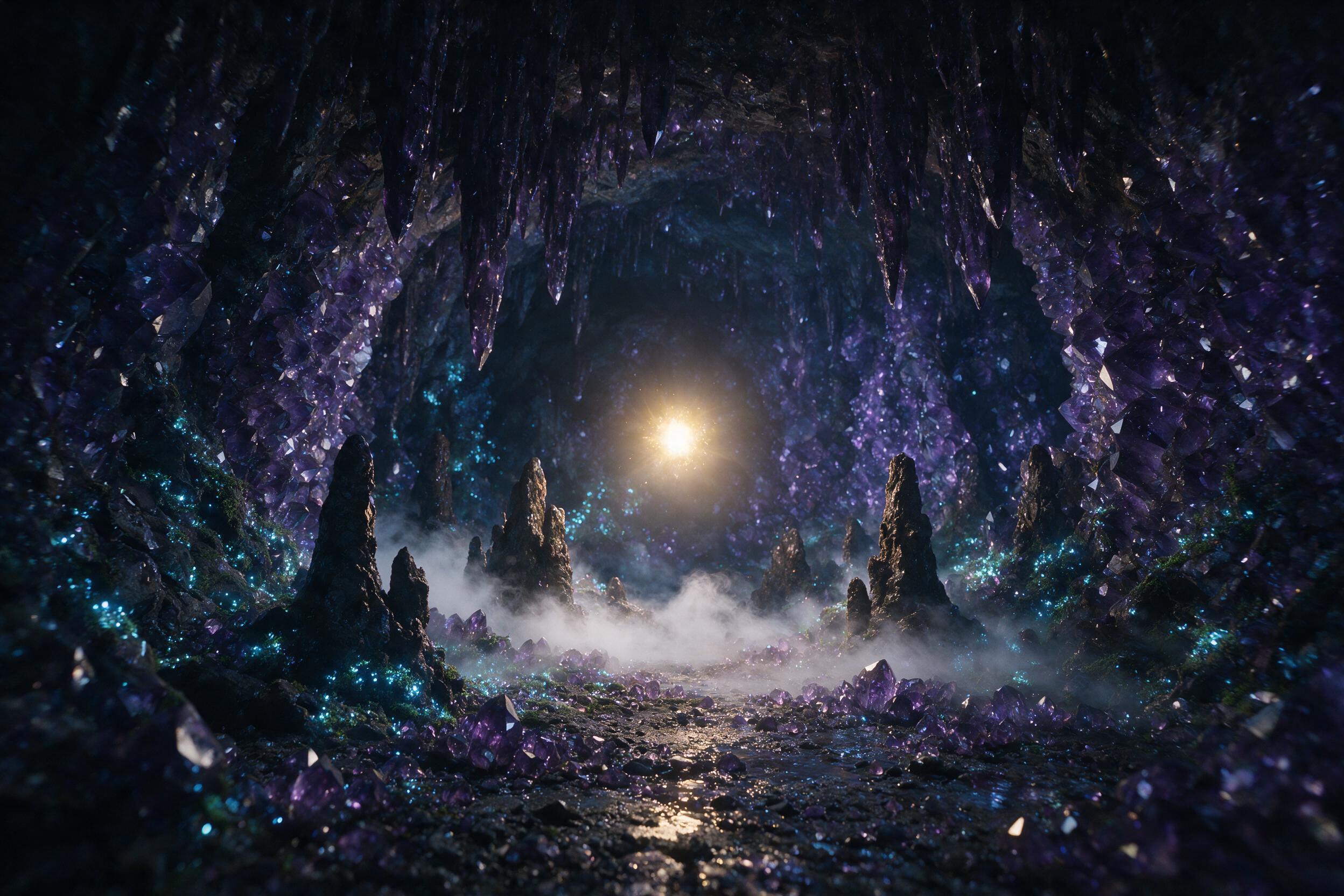 A luminous crystal cave deep underground, bioluminescent moss clinging to jagged amethyst walls, a single floating orb of warm golden light casting soft shadows, mist swirling around dark stalagmites, ethereal and serene, natural lighting from the orb, slight camera shake, moody atmosphere.