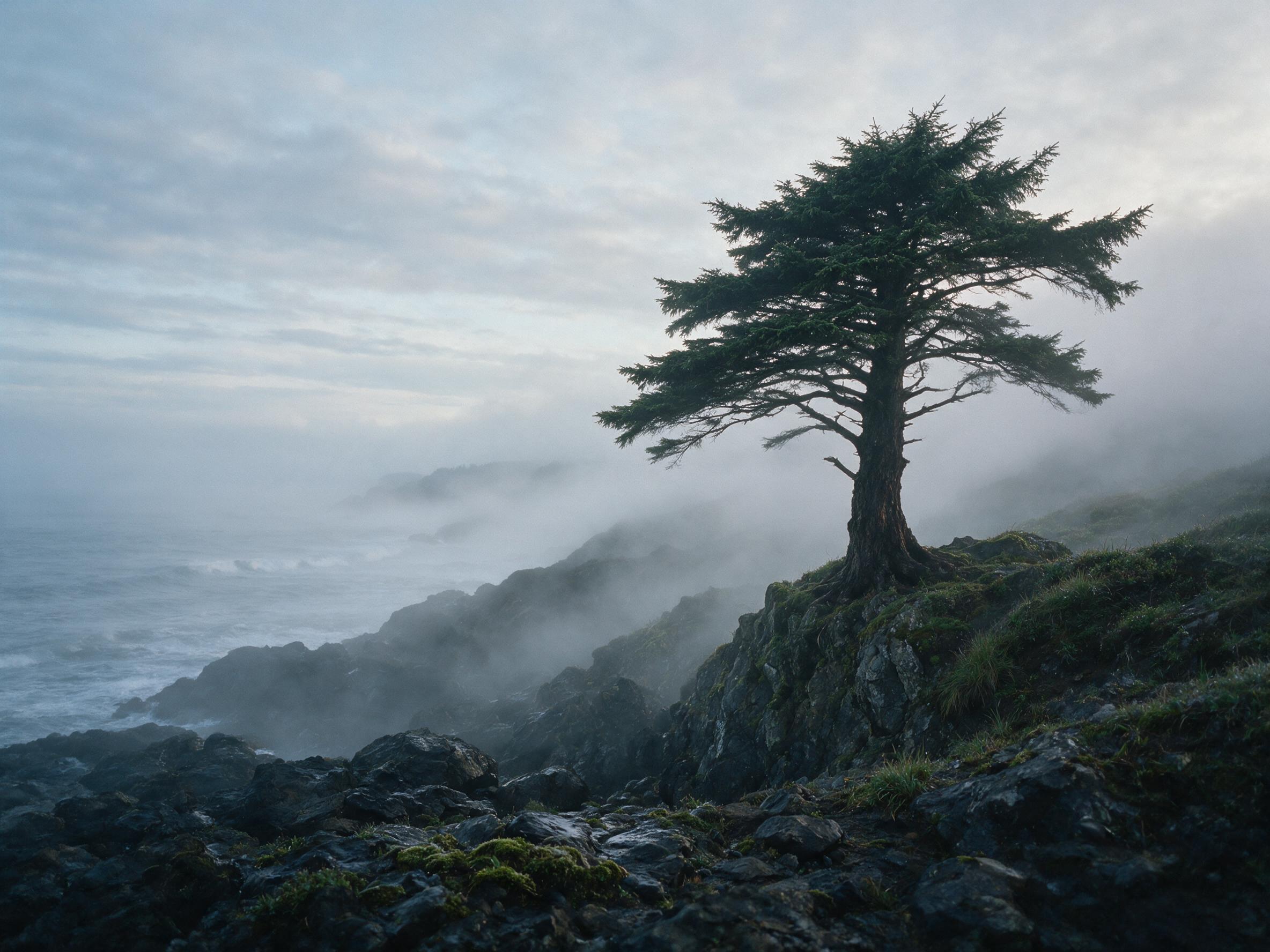 A lone cedar tree on a misty coastal cliff at dawn, Pacific fog rolling in, muted blue-gray palette, soft diffused light, wet rocks in foreground, distant crashing waves, subtle wind streaks in the air, medium-format film grain, slightly overcast sky, quiet composition with tree positioned on rule-o