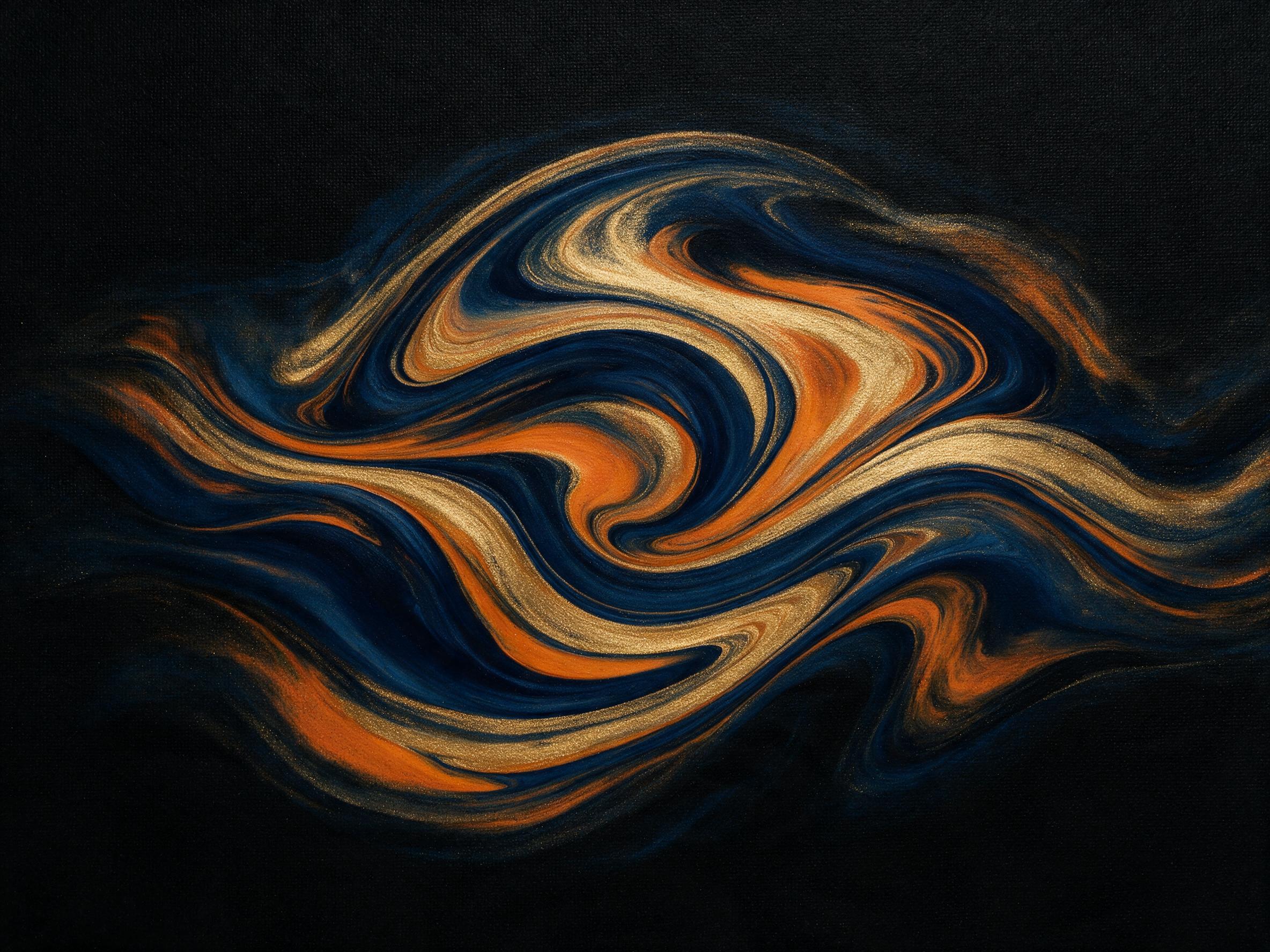 Fluid acrylic swirls of deep indigo, burnt orange, and gold, interlocking curves on a black canvas, soft diffused studio lighting, shallow depth of field focusing on the center, subtle texture of paint strokes, minimalist composition with negative space around the edges.
