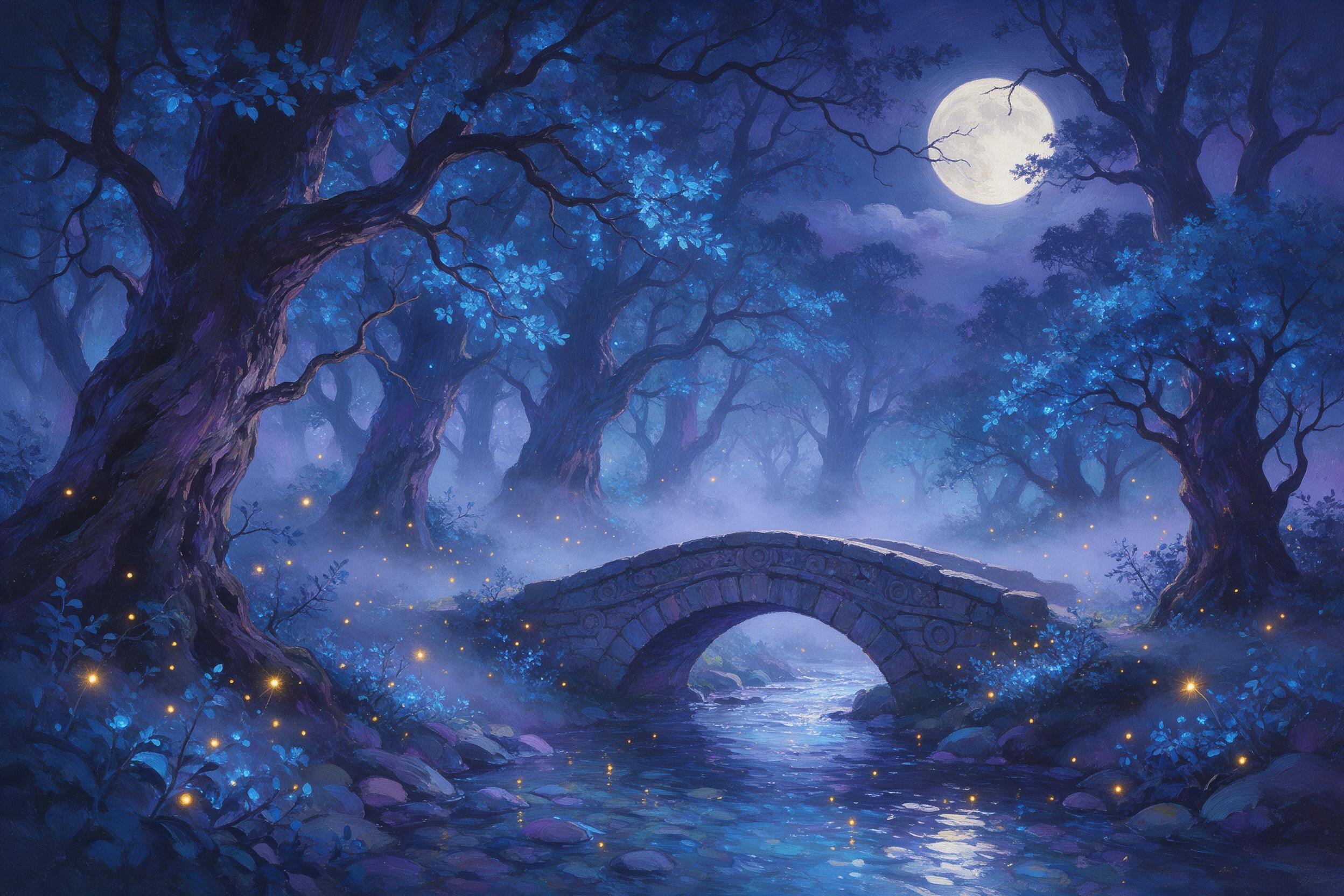 A moonlit enchanted forest, ancient trees with glowing blue leaves, mist weaving between trunks, a small stone bridge over a crystal stream, fireflies casting warm golden light, ethereal atmosphere, soft depth of field, subtle purple shadows, painterly style with visible brushstrokes