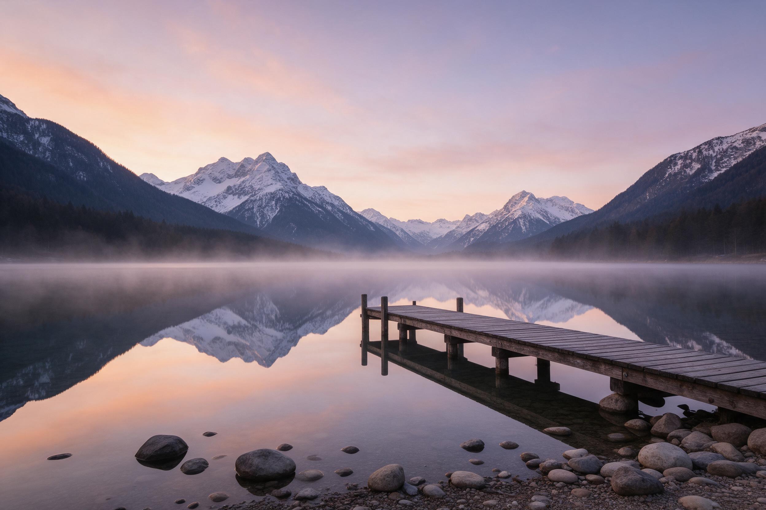 A serene alpine lake at dawn, mirror-still water reflecting snow-capped peaks and a gradient sky of peach and lavender. Weathered wooden dock extending into the lake, foreground scattered smooth stones. Soft mist over the surface, crisp mountain air, tranquil atmosphere.