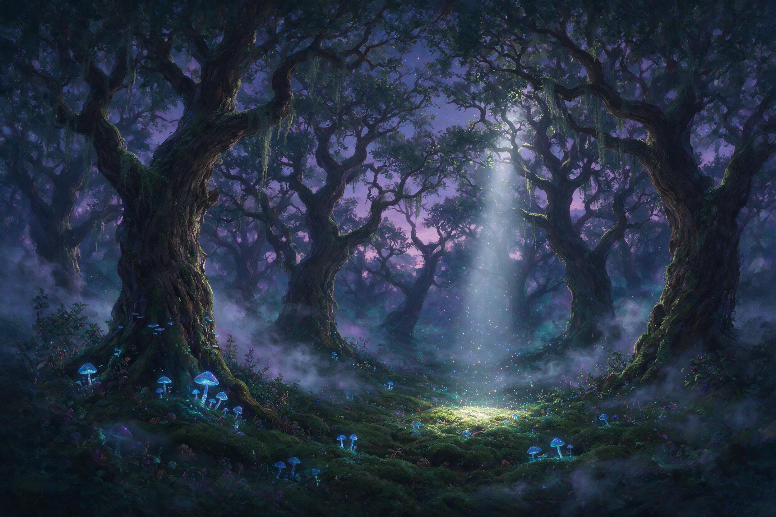 An enchanted forest at twilight, glowing blue mushrooms scattered on mossy ground, silver mist swirling between ancient oak trees, a single beam of moonlight piercing through the canopy, soft magical particles floating in the air, painterly style with rich purple and teal hues.