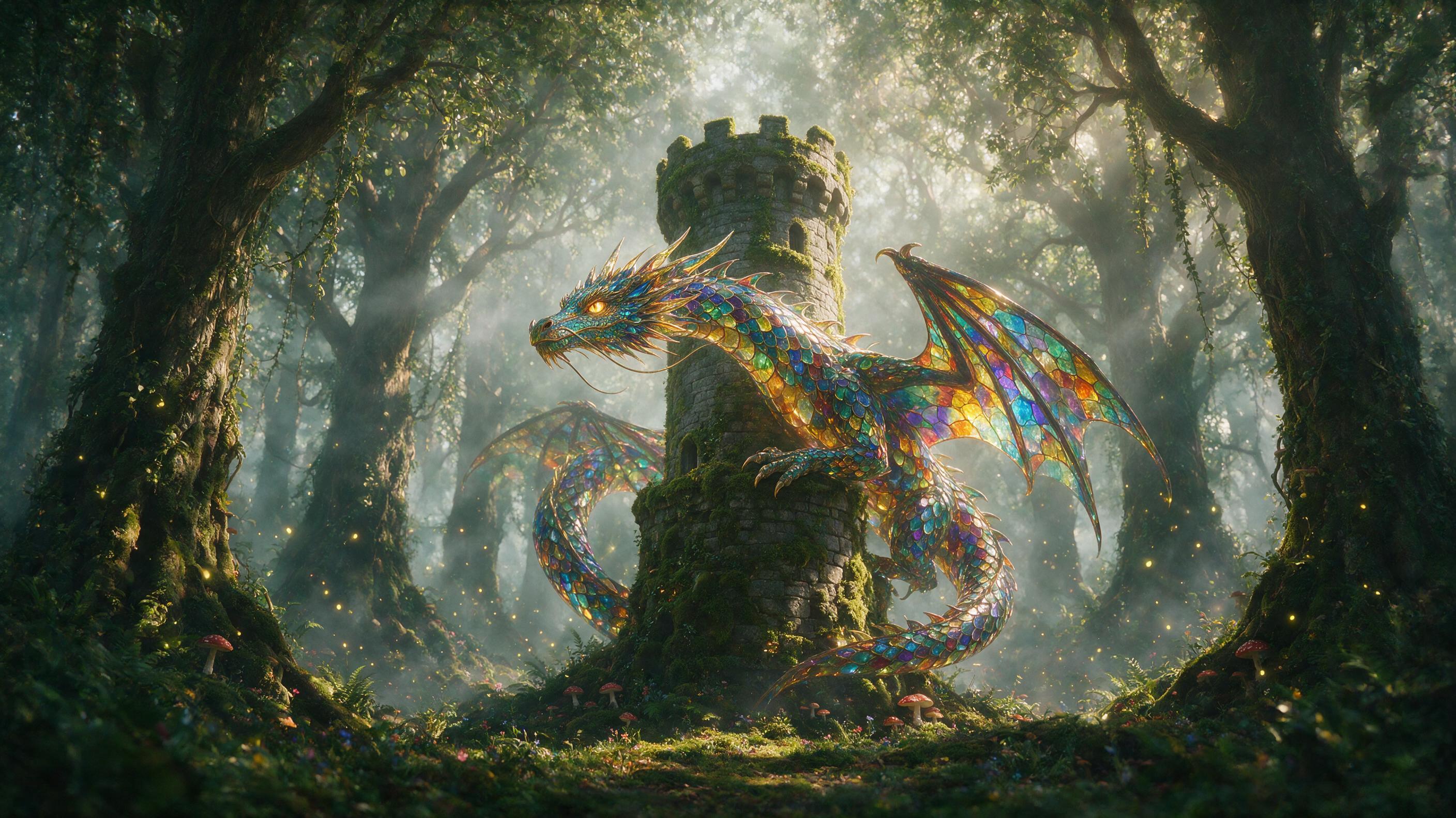 A glowing, translucent dragon with scales like stained glass curls around a moss-covered stone tower in a misty, ancient forest. Soft, ethereal light filters through the canopy, casting multicolored reflections on the ground. Dappled sunlight and floating fireflies create a dreamy, magical atmospher