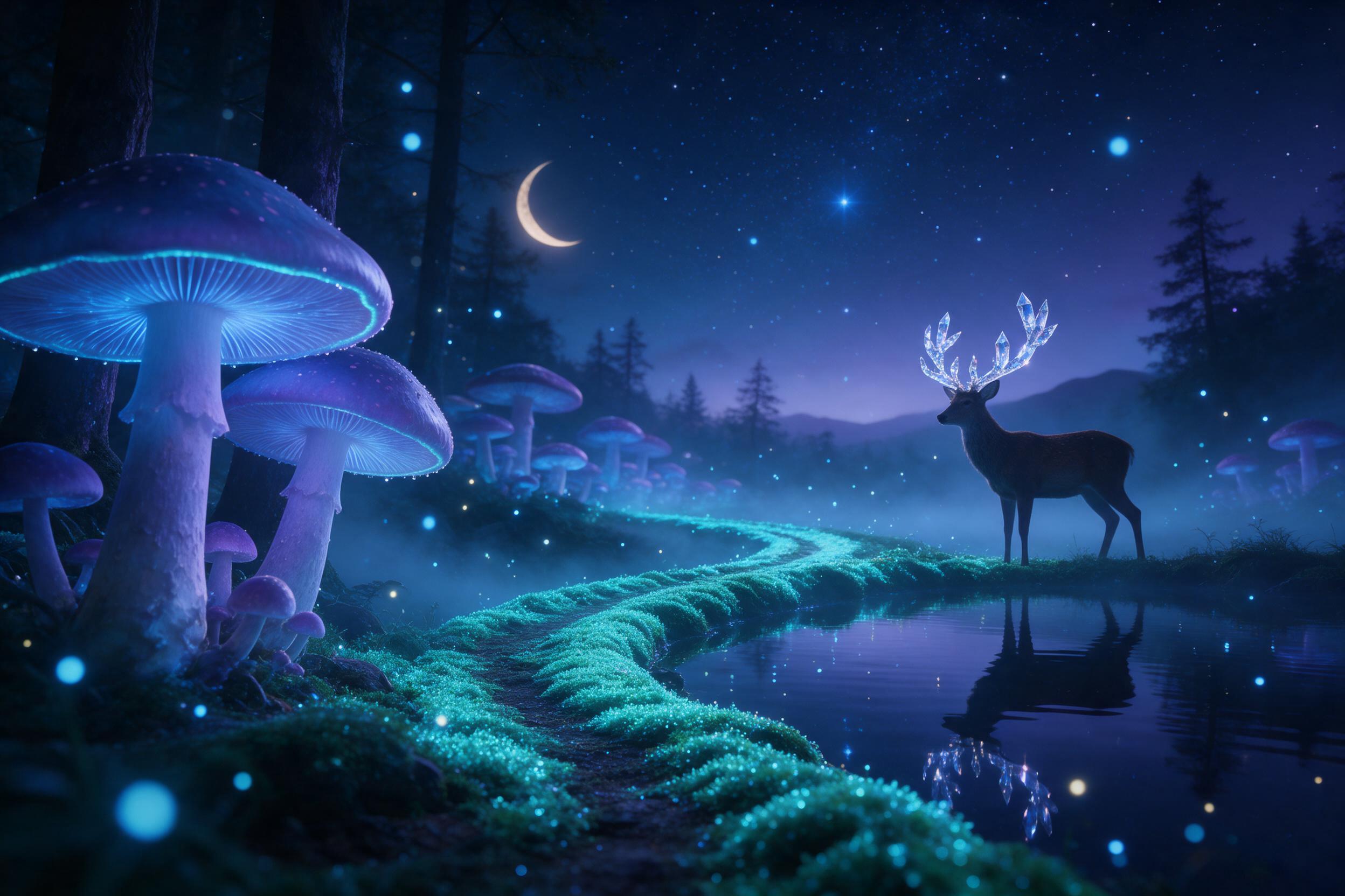 A bioluminescent forest at midnight, where giant mushrooms emit soft blue and purple light, illuminating a winding path of glowing moss. Fireflies dance in the air, while a silhouette of a deer with antlers made of crystal stands by a small pond reflecting the starry sky. Mist rolls gently between a