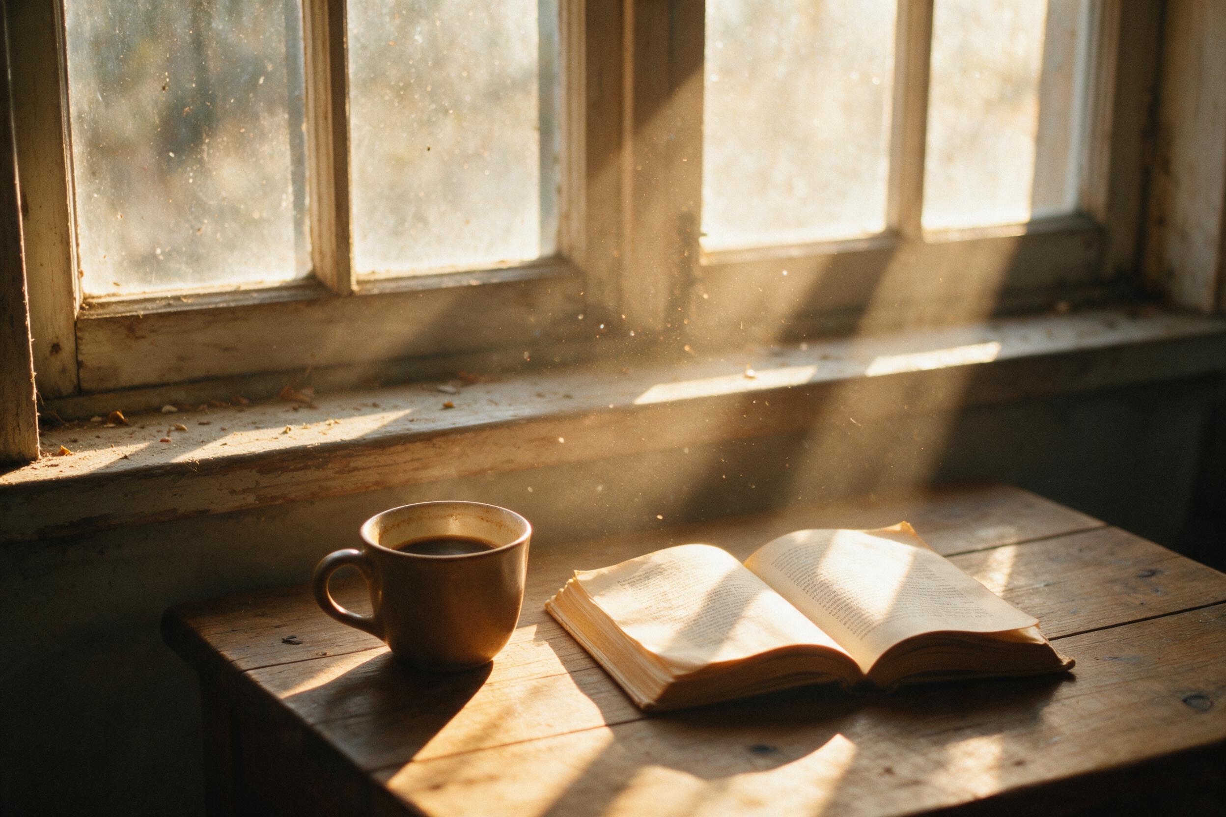 Golden hour sunlight streams through a dusty window, illuminating a wooden table with a half-empty coffee cup and a book. Soft shadows, warm tones, slight camera shake, film grain, natural atmosphere.