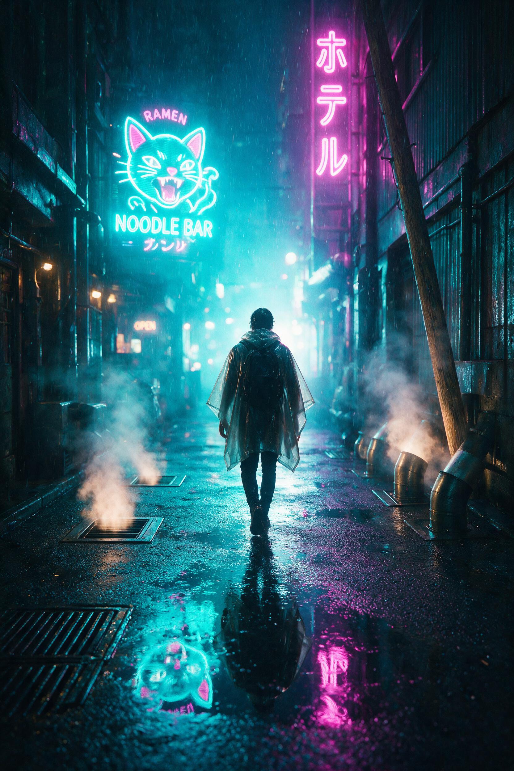 A neon-lit cyberpunk alley in rain, wet asphalt reflecting holographic signs, a lone figure in a translucent poncho walking away, steam rising from vents, cyan and magenta glow, dramatic backlight, shallow depth of field, slight motion blur