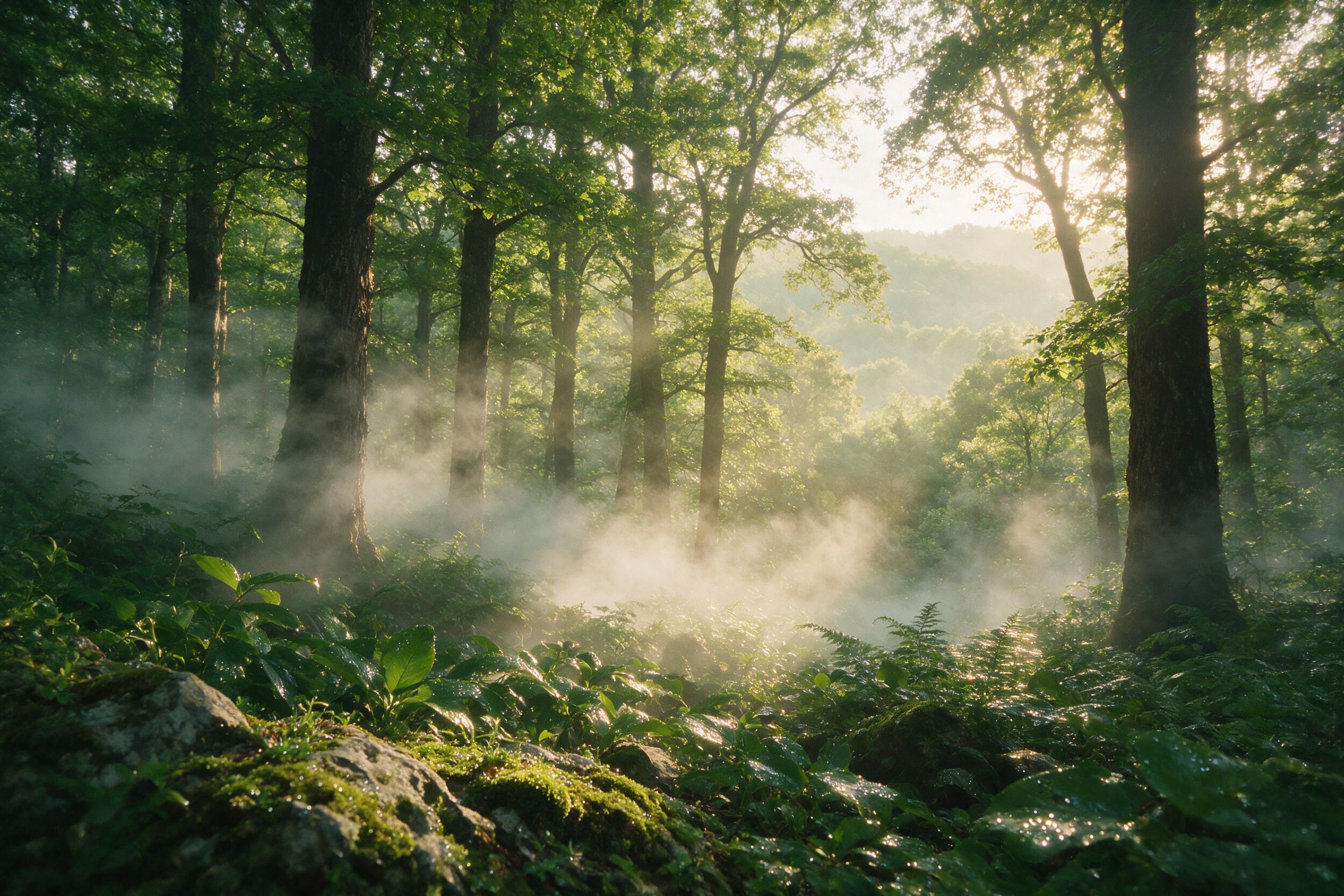 Mist rising over a dense green forest at dawn, golden sunlight filtering through trees, soft glow on wet leaves, mossy rocks in foreground, natural light, shallow depth of field, slight camera grain, peaceful atmosphere