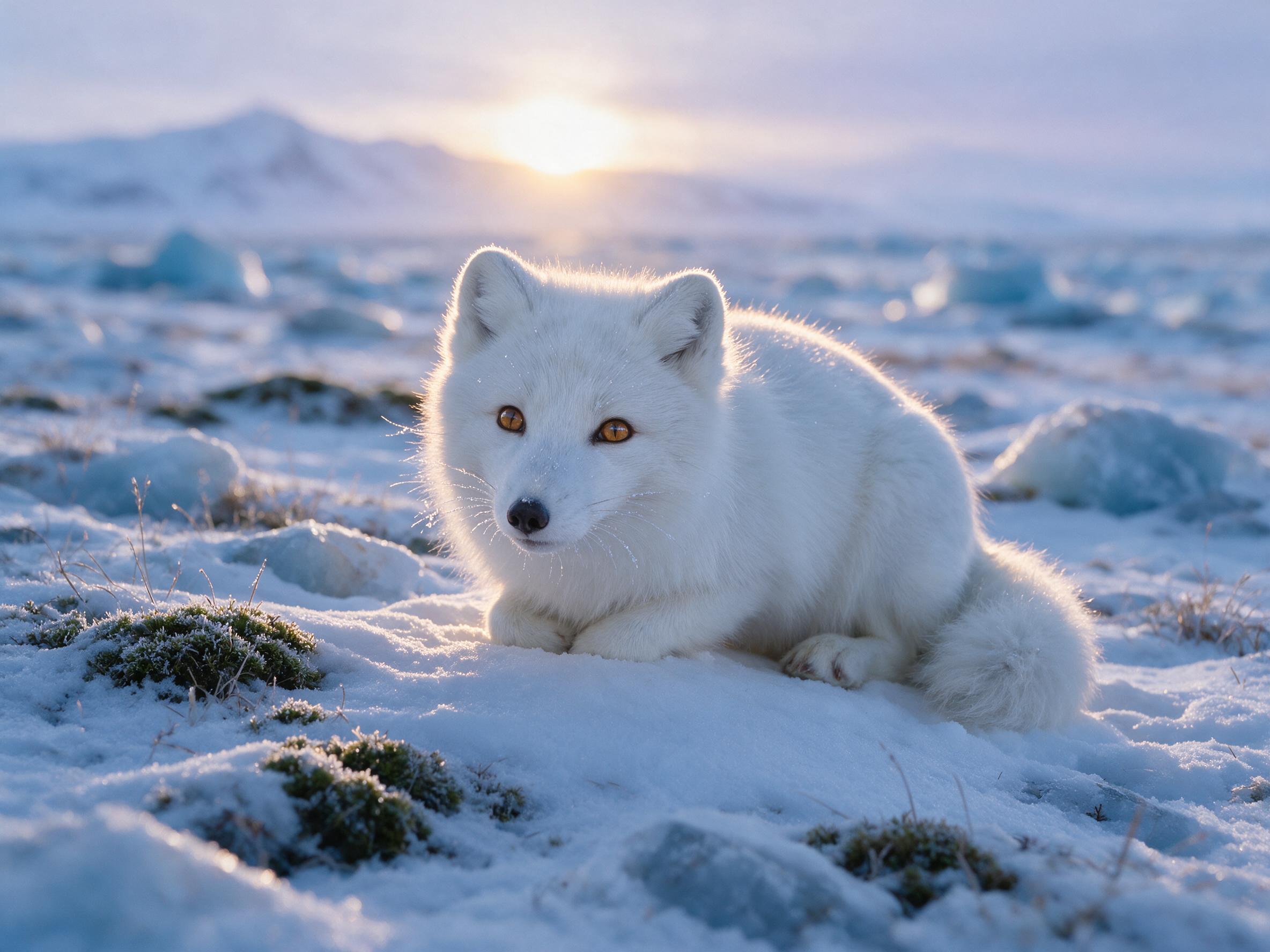 A close-up of a Arctic fox with pure white fur, crouching on a patch of snow-covered tundra, its amber eyes reflecting the soft golden light of a low sun, background blurred with a gentle bokeh of icy blue and lavender, fine grains of frost on its whiskers, natural moody winter lighting, slight came