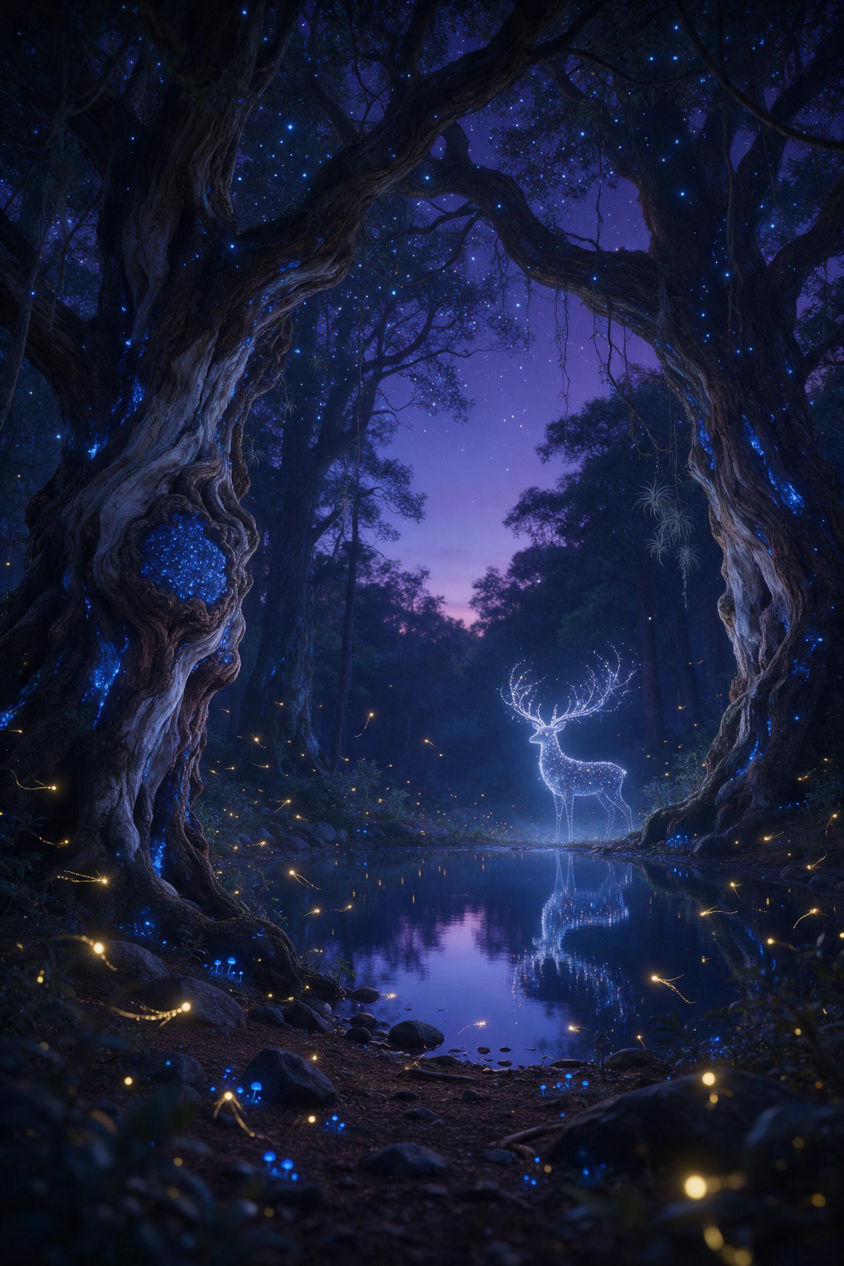 A mystical forest clearing at twilight, where ancient, gnarled trees with glowing blue sap form a natural archway. Fireflies with soft golden trails dance around a calm, mirror-like pond reflecting the indigo and violet sky. A faint, translucent figure of a stag made of starlight stands at the water