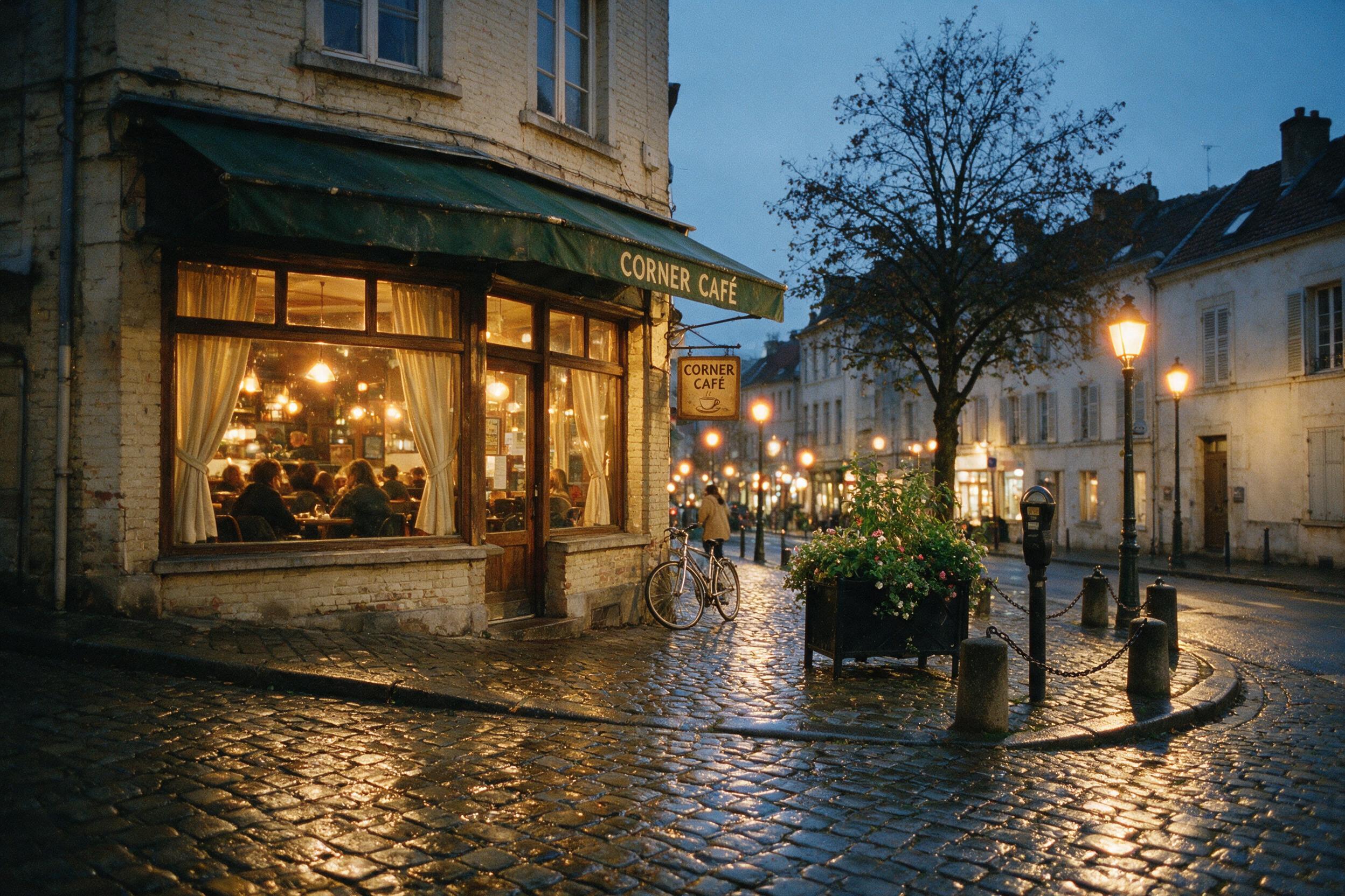 A cozy urban street corner at twilight, warm light spilling from a small café window onto rain-slicked cobblestones, a lone figure in a beige coat walks past, soft bokeh from distant street lamps, natural evening atmosphere, slight film grain, 35mm lens