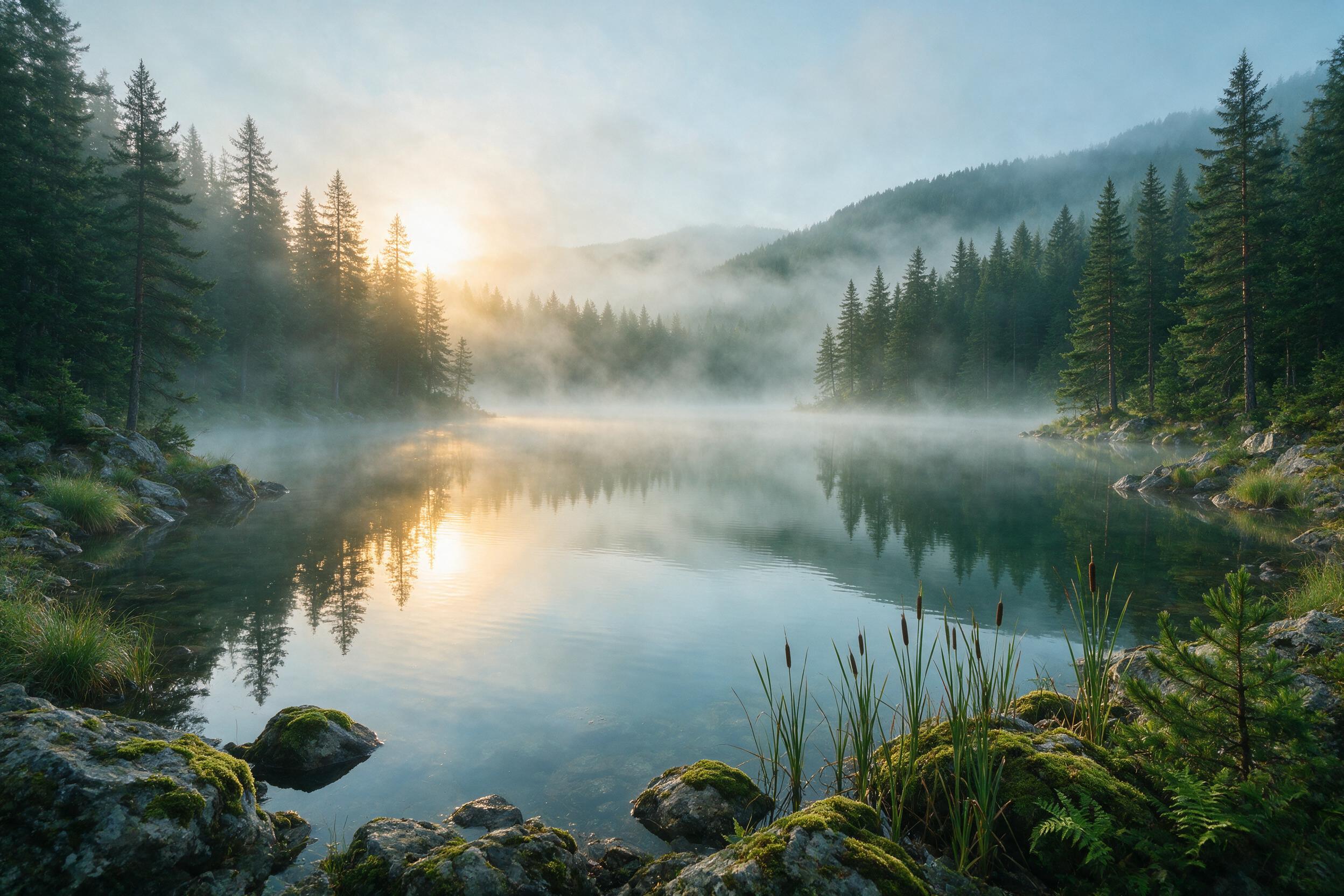 Misty morning over a calm lake, reflected pine trees on still water surface, soft golden sunrise light filtering through fog, moss-covered rocks at shore, gentle ripples, muted green and blue palette, peaceful atmosphere, wide-angle composition