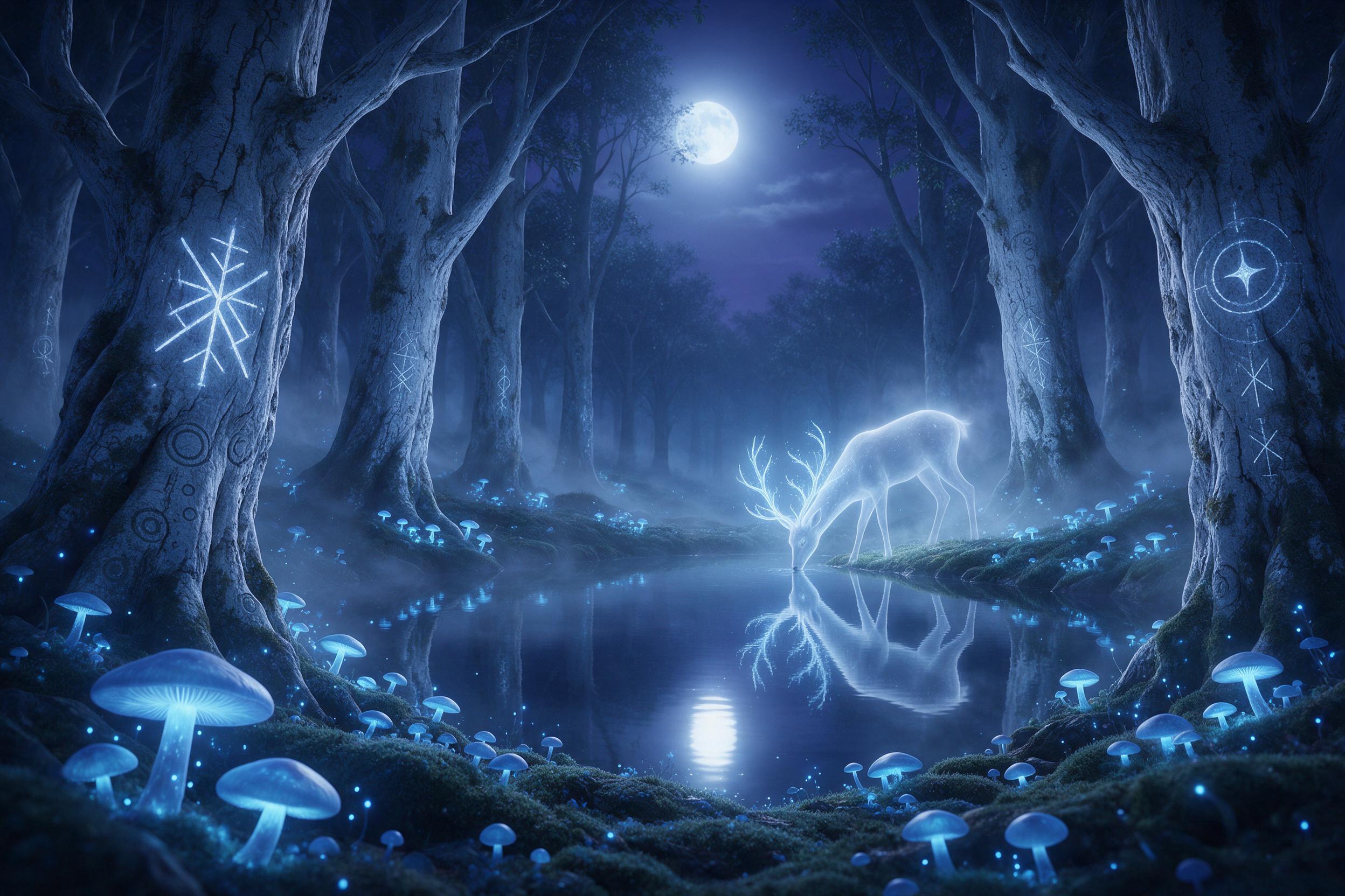 A moonlit ancient forest glade, bioluminescent blue mushrooms carpeting mossy ground, gnarled silver trees with glowing runes, a translucent ethereal deer with antlers of light drinking from a mirror-still pond, mist weaving between trunks, cool blue and violet palette, soft diffused moonlight break