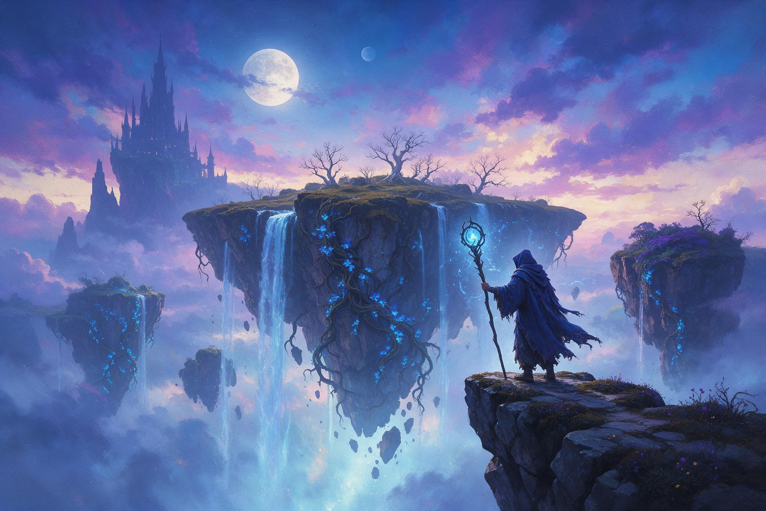 Ancient floating islands draped in glowing blue vines, waterfalls cascading into misty abyss below, a lone mage in tattered robes standing on stone edge, staff emitting soft runes, twilight sky with two moons, distant castle silhouette, ethereal light, painterly style with rich color contrast, sligh