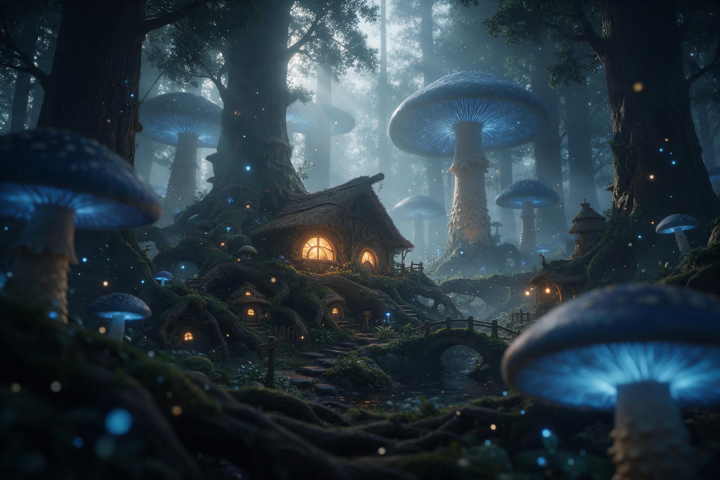 A misty ancient forest clearing at dawn, colossal luminescent mushrooms casting soft blue light, a tiny fairy village nestled in giant mossy roots, glowing dust motes in the air, deep shadows and ethereal glow, shallow depth of field focusing on a small thatched hut with warm amber windows, cinemati