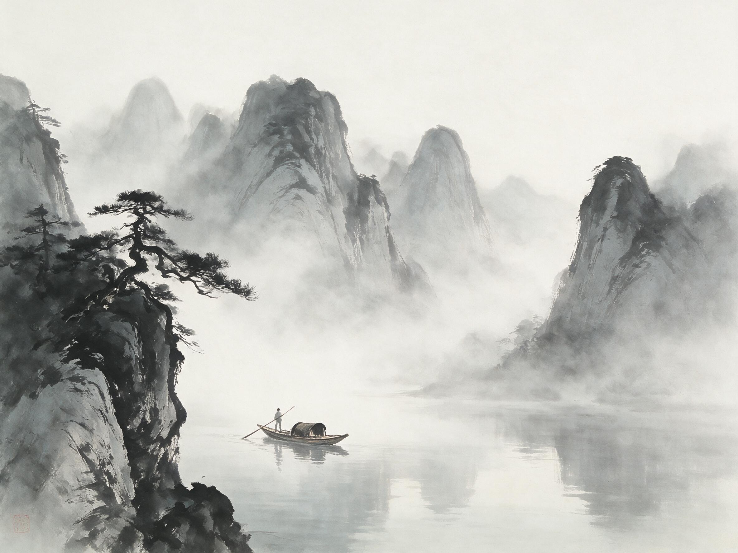 A misty ink-wash painting of solitary mountains and a lone boat on a calm river, soft gray gradients, pine trees clinging to cliffs, a faint red seal stamp in the corner, brushstroke texture, negative space, morning fog diffusing light, quiet and timeless mood