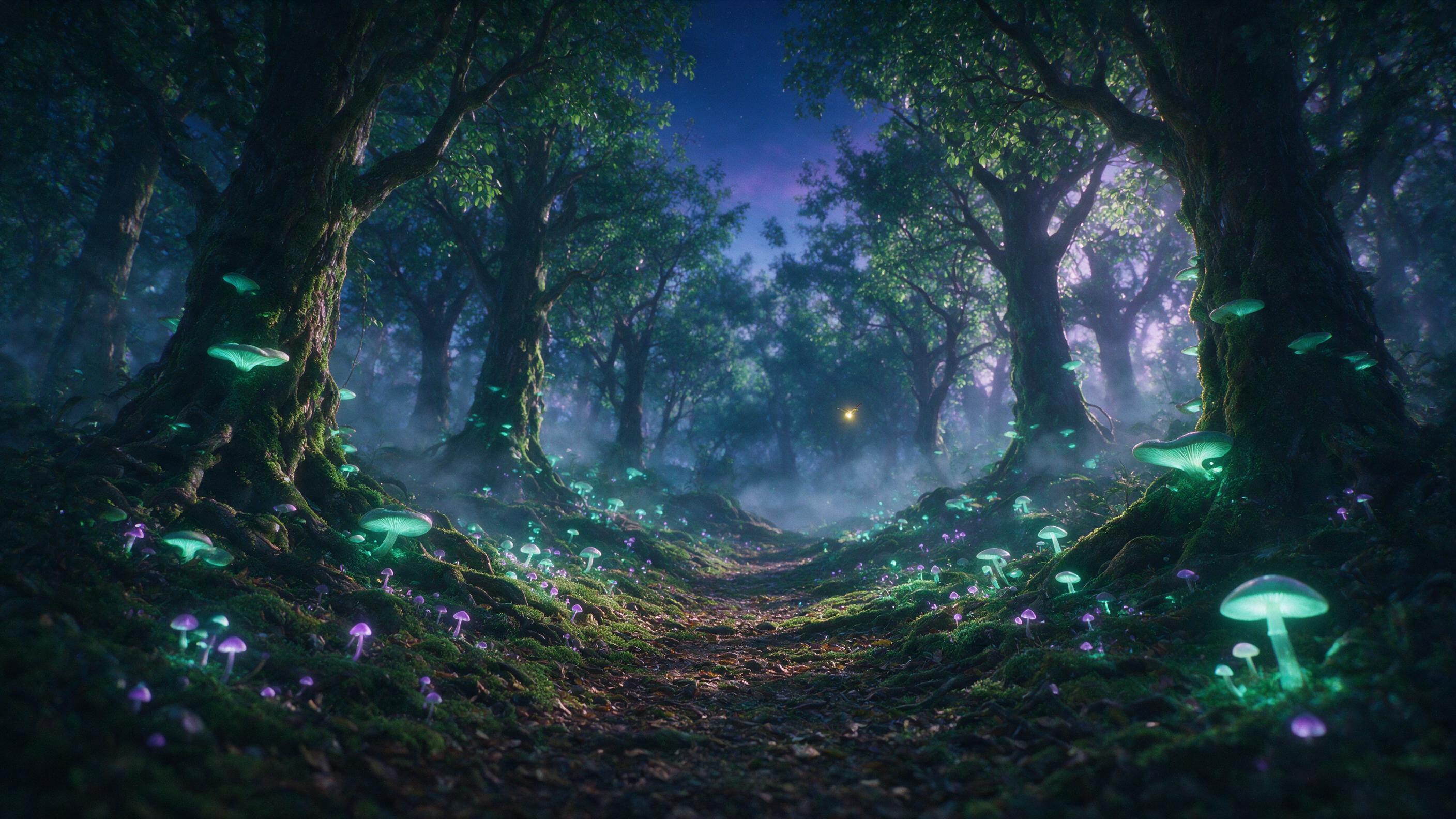 A mystical forest at twilight, bioluminescent mushrooms glowing softly along a winding path, ancient towering trees with twisted roots, emerald and violet hues, ethereal mist drifting, a single firefly floating mid-air, cinematic lighting from behind, shallow depth of field, slight grain, color grad