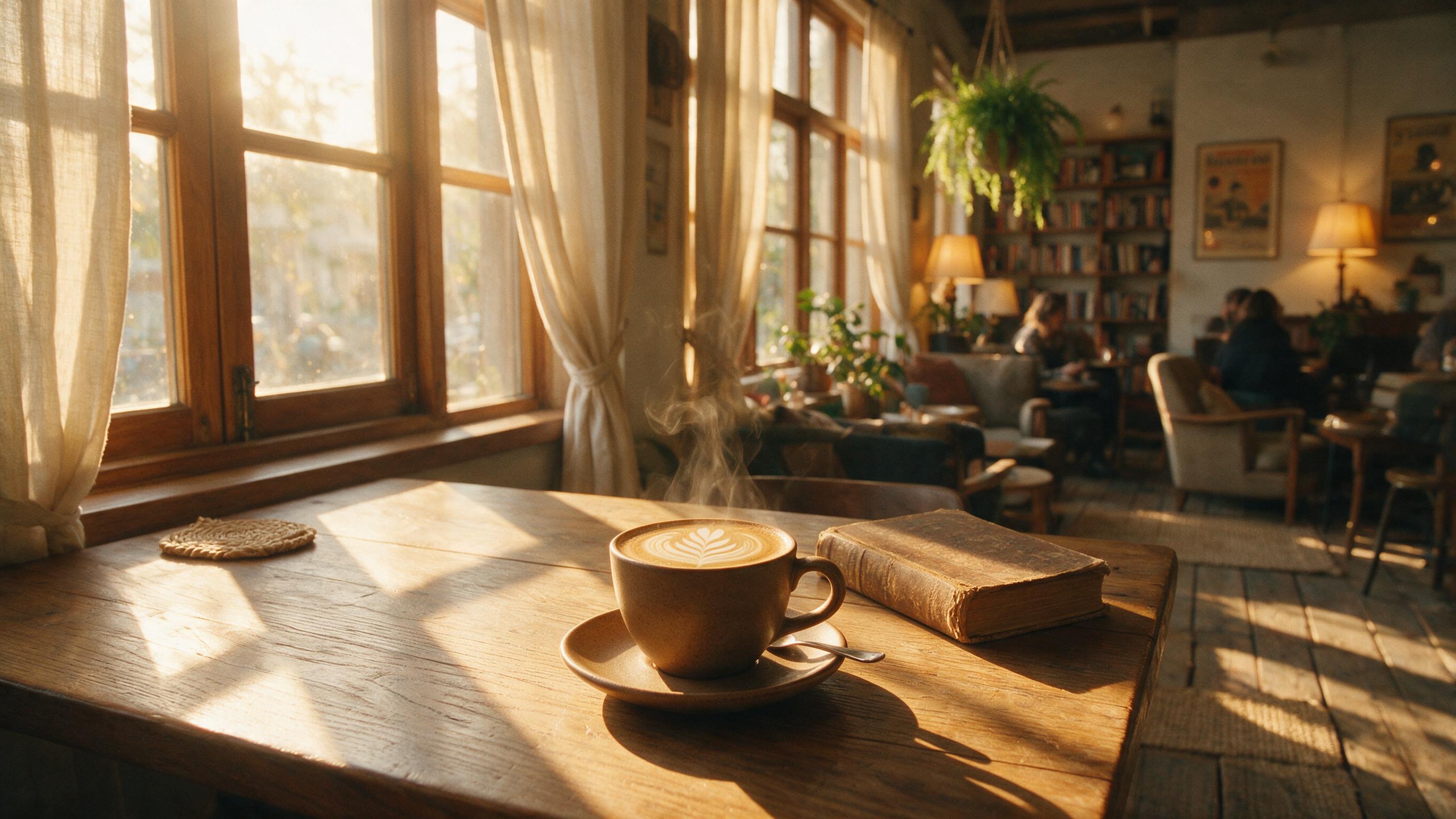 A cozy coffee shop interior during golden hour, warm sunlight streaming through large windows, casting soft shadows on a wooden table with a latte art cup, steam rising gently, bookshelves in background, slight camera blur, natural grain