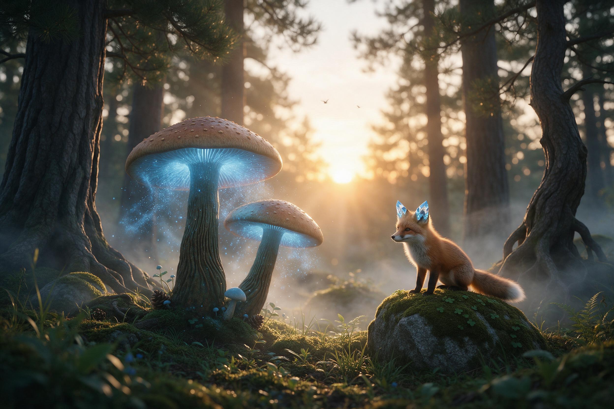 A sunlit forest clearing where giant luminous mushrooms emit soft blue spores, a tiny fox with crystal-tipped ears sits on mossy stone, mist weaving through ancient pines, golden hour backlight, shallow depth of field, gentle bokeh, dreamy ethereal atmosphere