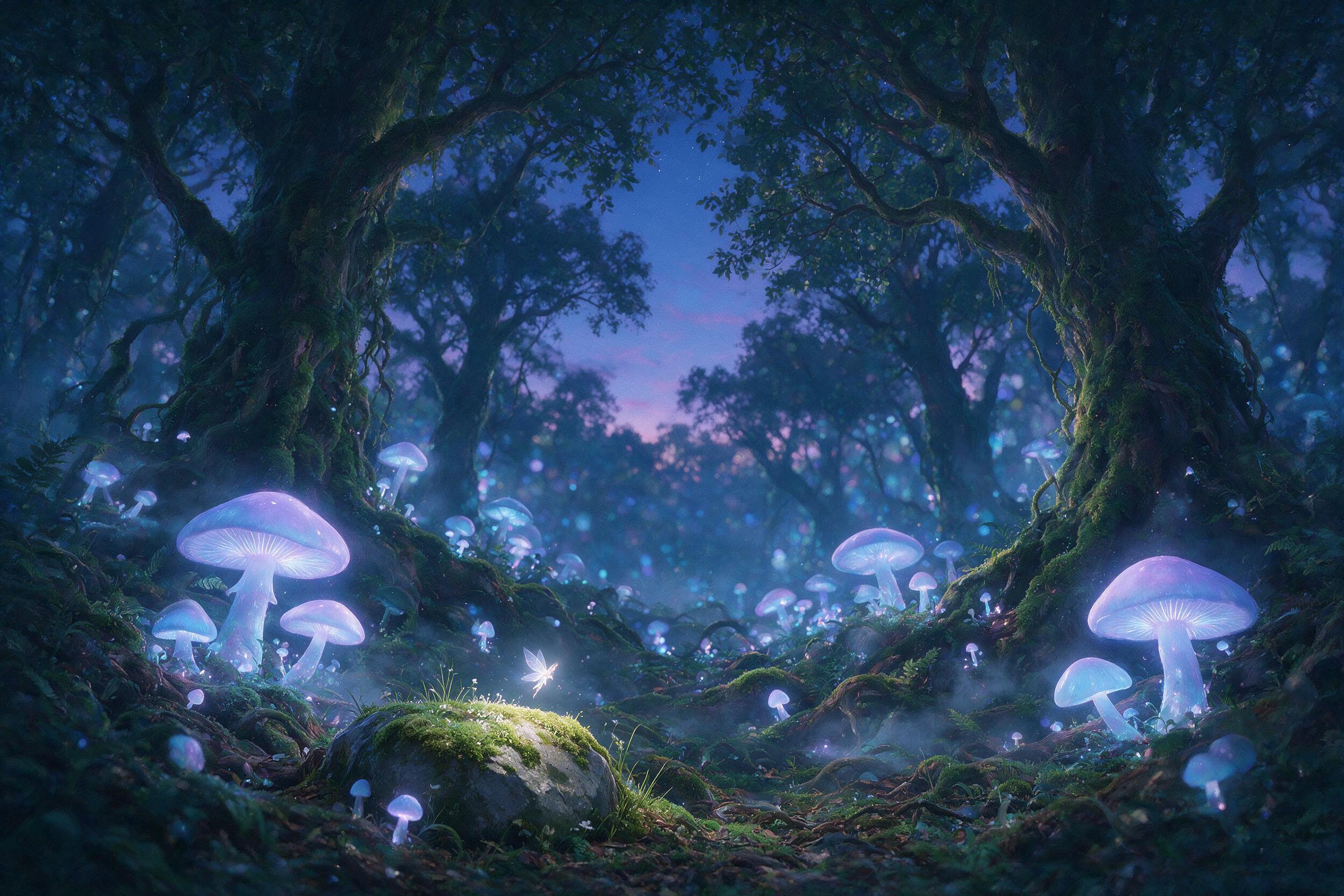 An ancient glowing forest at twilight, massive bioluminescent mushrooms casting blue and violet light, a small translucent fairy with delicate wings hovering near a mossy stone, ethereal mist winding between twisted roots, soft rim lighting on the fairy, shallow depth of field, painterly brushstroke