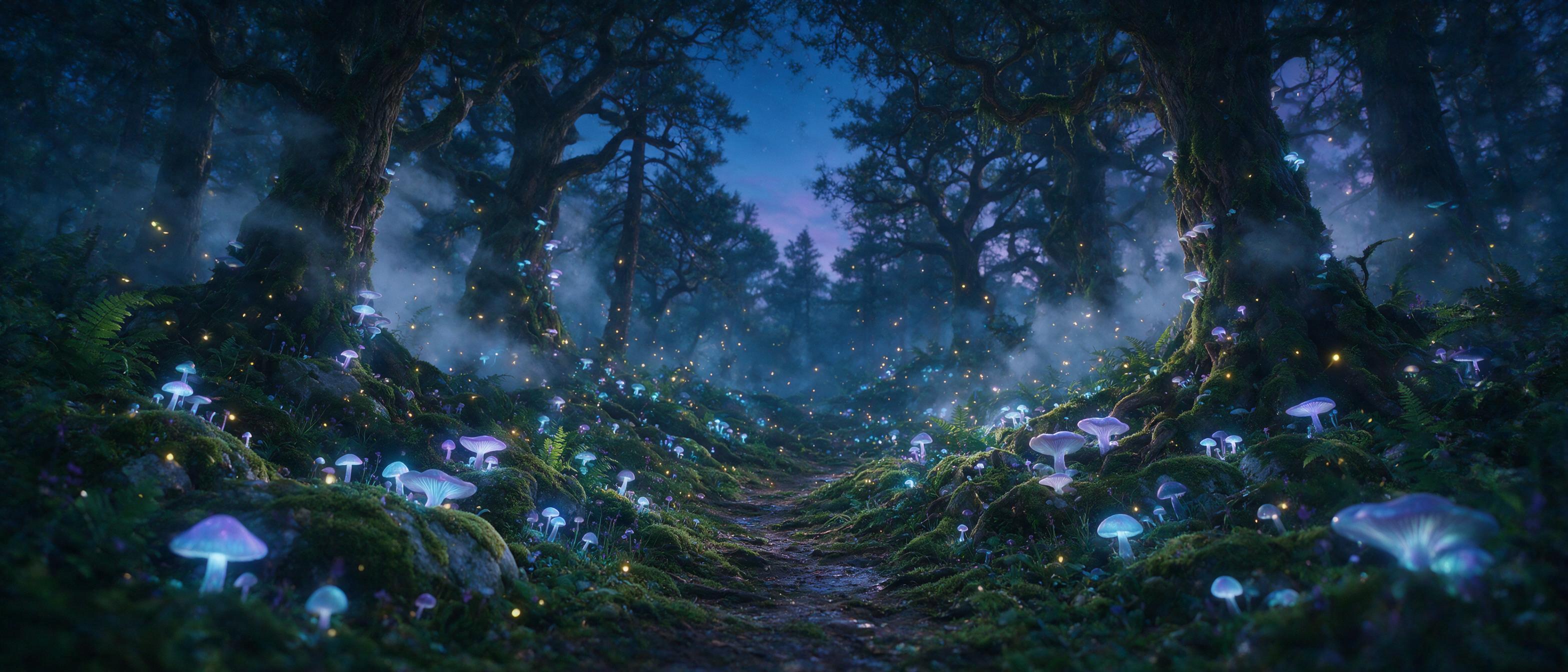 A luminous forest at twilight, glowing mushrooms and fireflies illuminating a mossy path, soft mist weaving through ancient trees, ethereal blue and purple light, shallow depth of field, cinematic composition, peaceful and mysterious mood