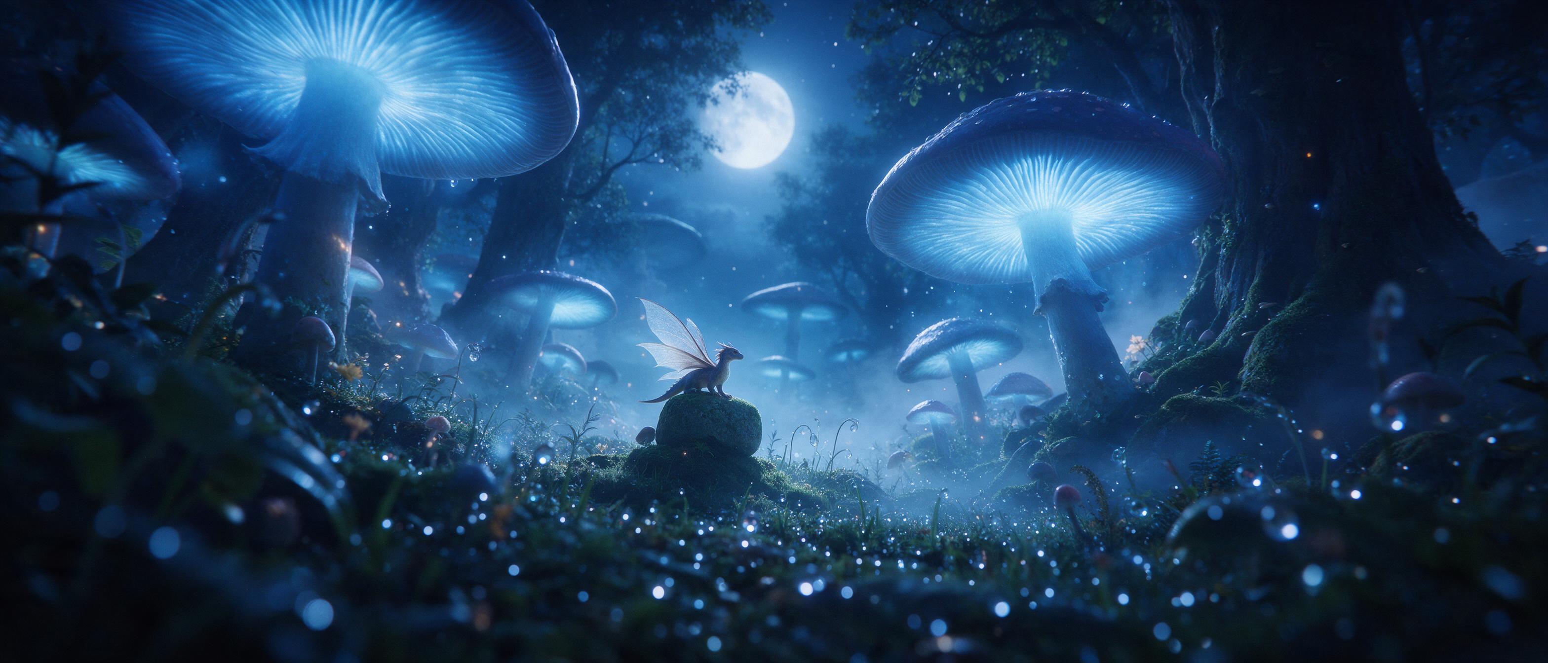 A moonlit enchanted forest clearing, giant glowing mushrooms casting soft blue luminescence, a small dragon with translucent wings perched on a mossy stone, shimmering mist weaving between ancient trees, dewdrops reflecting starlight, ethereal atmosphere, ultra wide angle, shallow depth of field, no