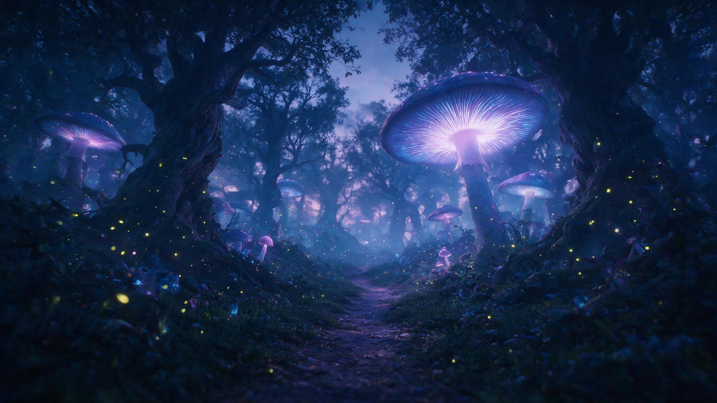 A bioluminescent forest at dusk, giant glowing mushrooms, twisted ancient trees, fireflies, a small winding path, soft fog, deep blues and purples, ethereal light, tranquil mystical mood, shot from a low angle, leading lines into the distance.