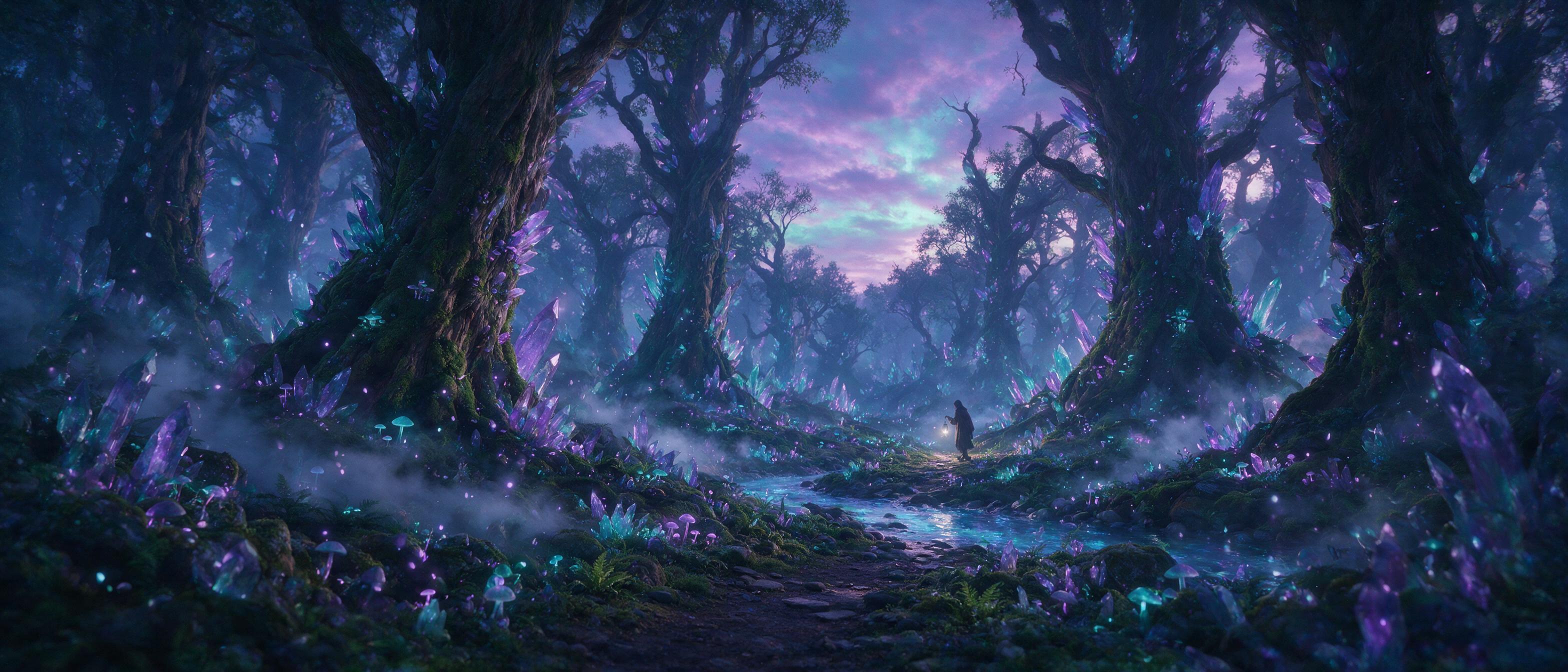 A glowing crystal forest at twilight, bioluminescent mushrooms and floating spores, mist weaving between ancient trees, a lone hooded figure with a lantern on a winding path, soft violet and teal light, ethereal atmosphere, cinematic composition