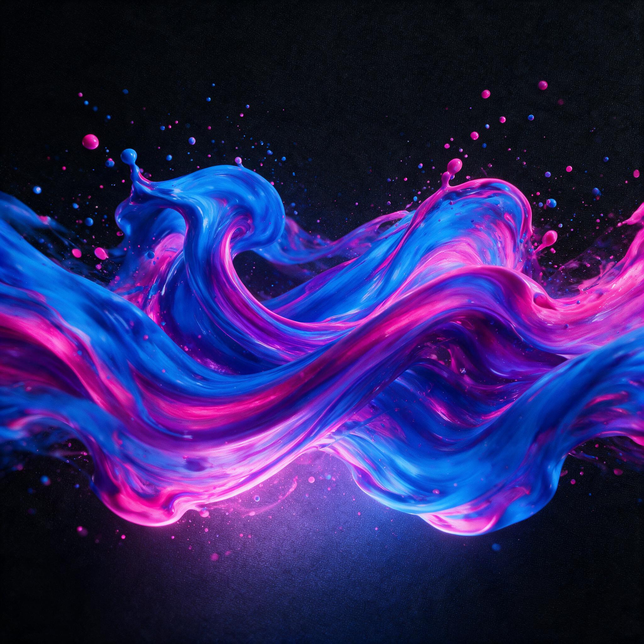 Swirling streams of neon blue and magenta paint interweave on a dark canvas, with fine droplets suspended mid-air, soft gradient light from below, slight motion blur, minimalist composition, no realistic elements
