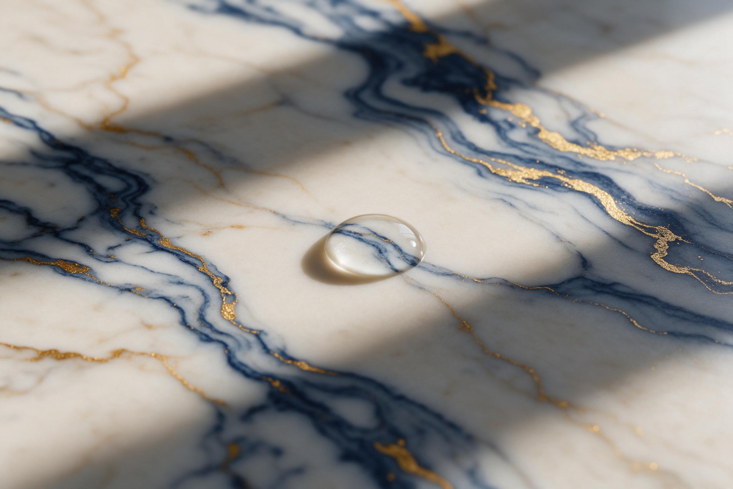 Overhead shot of a marble countertop, swirling indigo and molten gold veins, a single dew droplet magnifying the pattern, soft window light casting a long shadow, minimal composition, creamy texture