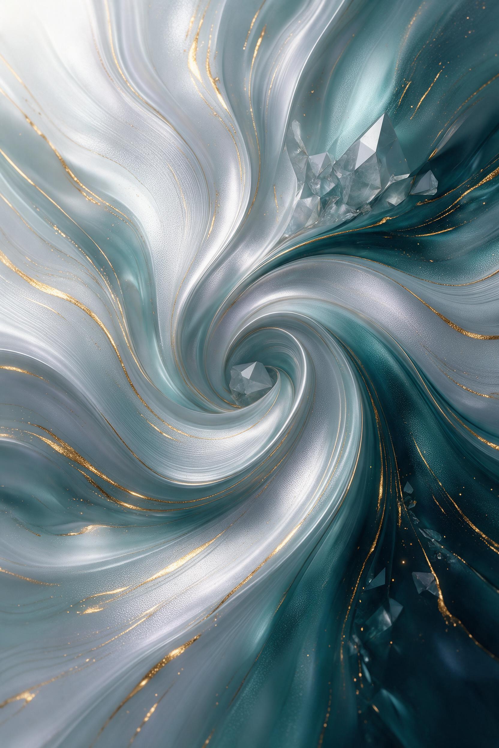 Fluid abstract composition, swirls of iridescent silver and deep teal merging with molten gold highlights, soft organic curves against sharp crystalline edges, subtle luminance gradient from top-left to bottom-right, minimal negative space, studio lighting with soft reflections, smooth matte texture