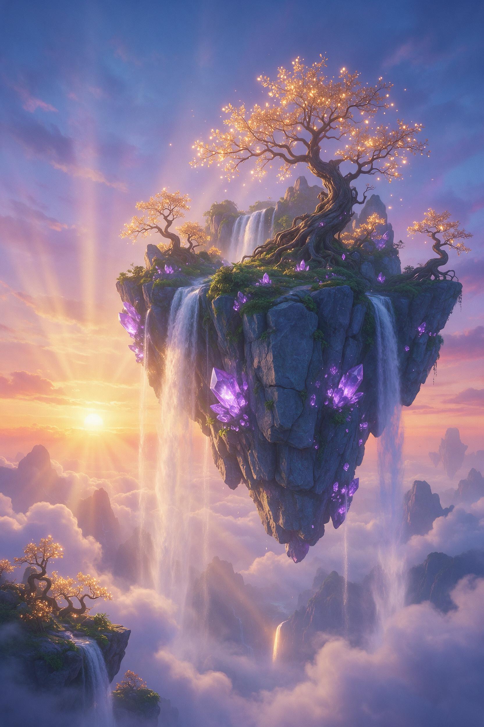 An ethereal floating island in a twilight sky, waterfalls cascading from edges into misty clouds below, glowing purple crystals embedded in rocky cliffs, ancient twisted trees with luminescent leaves, soft pink and orange horizon, dynamic angled composition emphasizing vertical depth, dreamy god ray