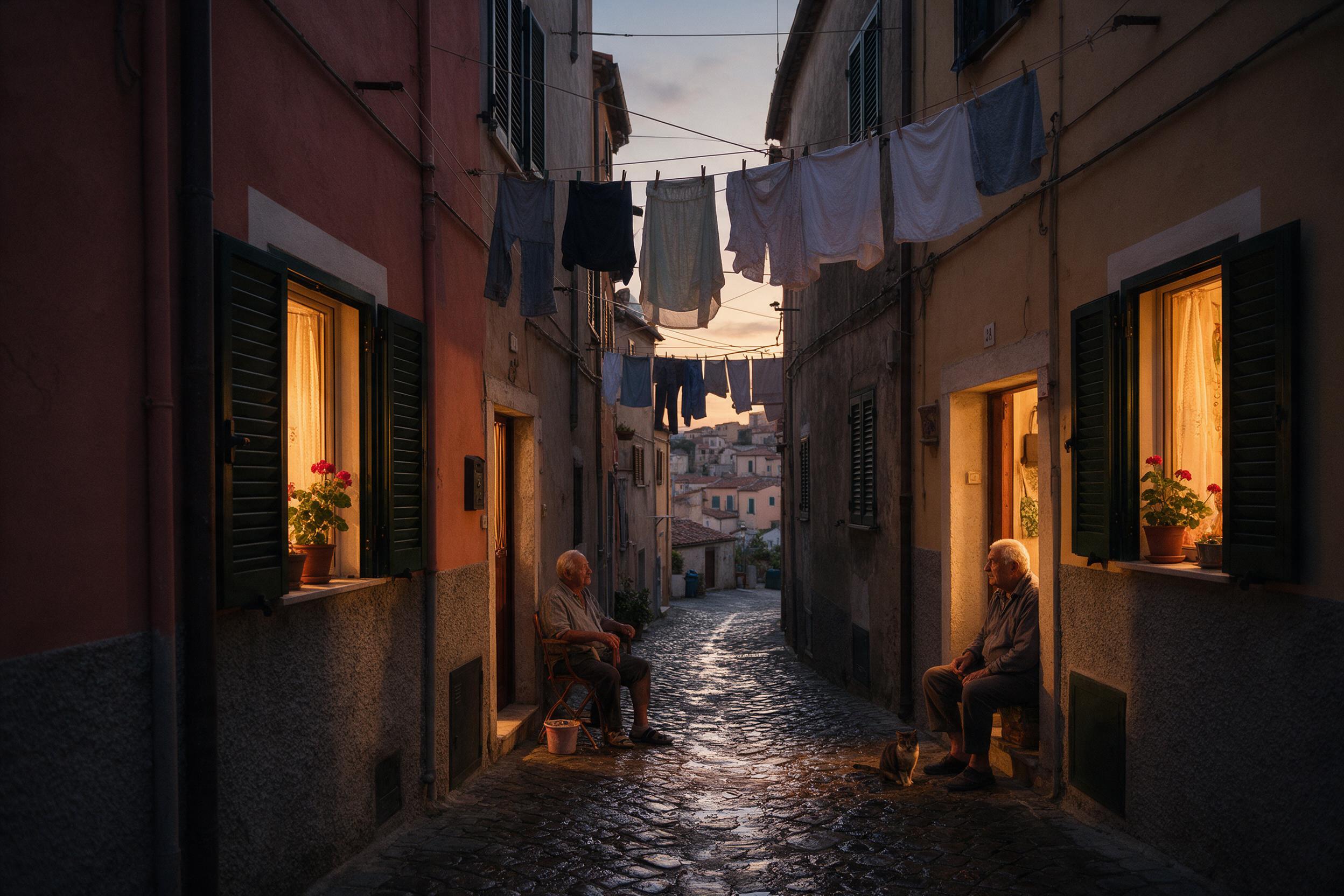 A narrow alley in a Mediterranean town at dusk, warm light spills from open shutters, laundry lines crisscross above, a old man sits on a doorstep with a cat, cobblestones glisten with recent rain, soft shadows, natural framing.
