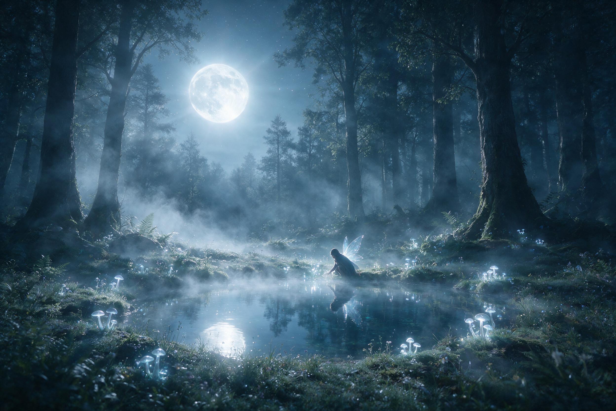 A moonlit forest clearing with bioluminescent mushrooms, a cloaked fairy with shimmering wings crouching beside a crystal-clear pond, fog weaving between ancient trees, silver-blue palette, soft rim lighting from a low moon, ethereal atmosphere, lens flare, gentle mist floating over water, compositi