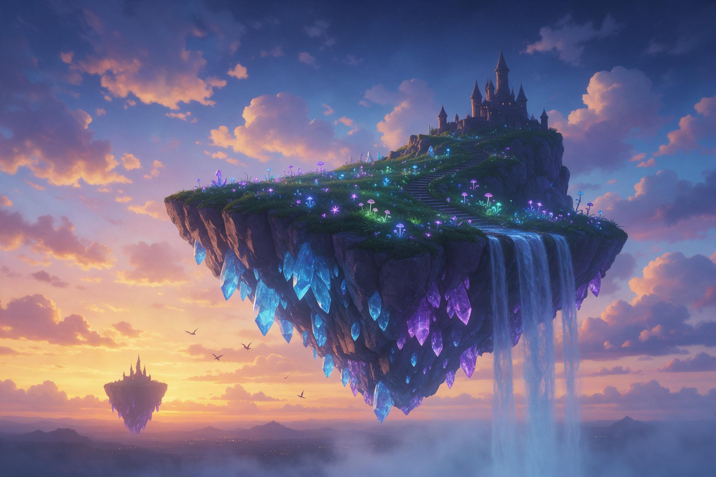 A floating crystal island at twilight, glowing blue and purple crystals protruding from its underside, a waterfall cascading into a misty abyss below, soft bioluminescent plants and luminous flowers on the surface, a silhouette of a small castle atop, scattered clouds catching the golden-orange last
