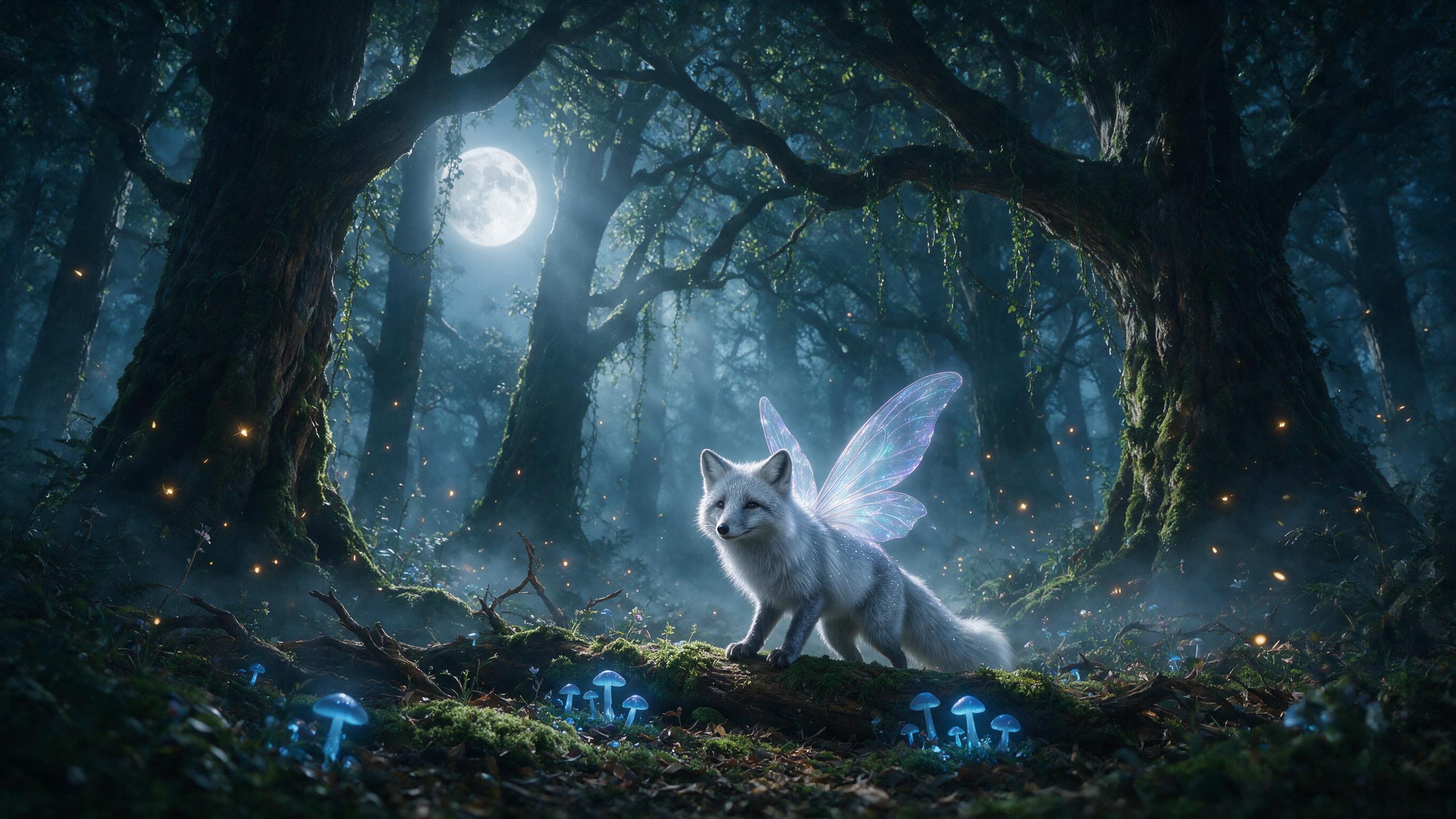 A luminous moonlit forest with glowing blue mushrooms, a silver fox with translucent wings, soft mist rising from the ground, ethereal light rays piercing through ancient trees, warm amber fireflies, natural fog, shallow depth of field.