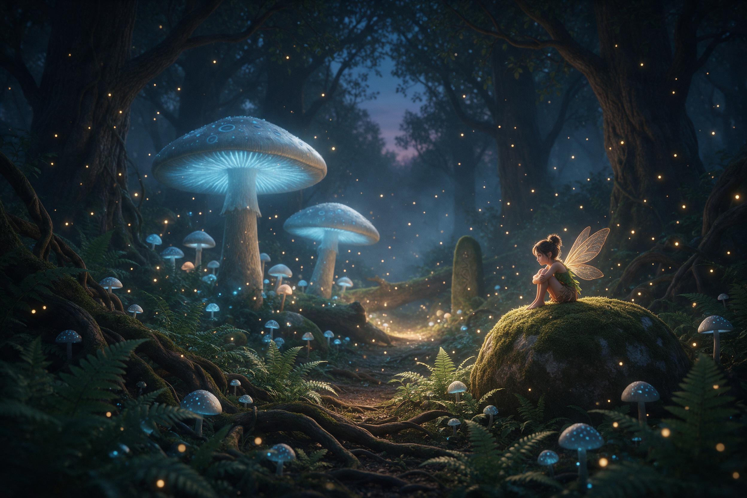 A misty enchanted forest at twilight, where giant glowing mushrooms emit soft blue light, and a tiny winged fairy perched on a mossy stone, golden dust motes floating in the air, lush ferns and ancient gnarled roots, deep shadows with ethereal backlighting, cinematic composition, dynamic perspective