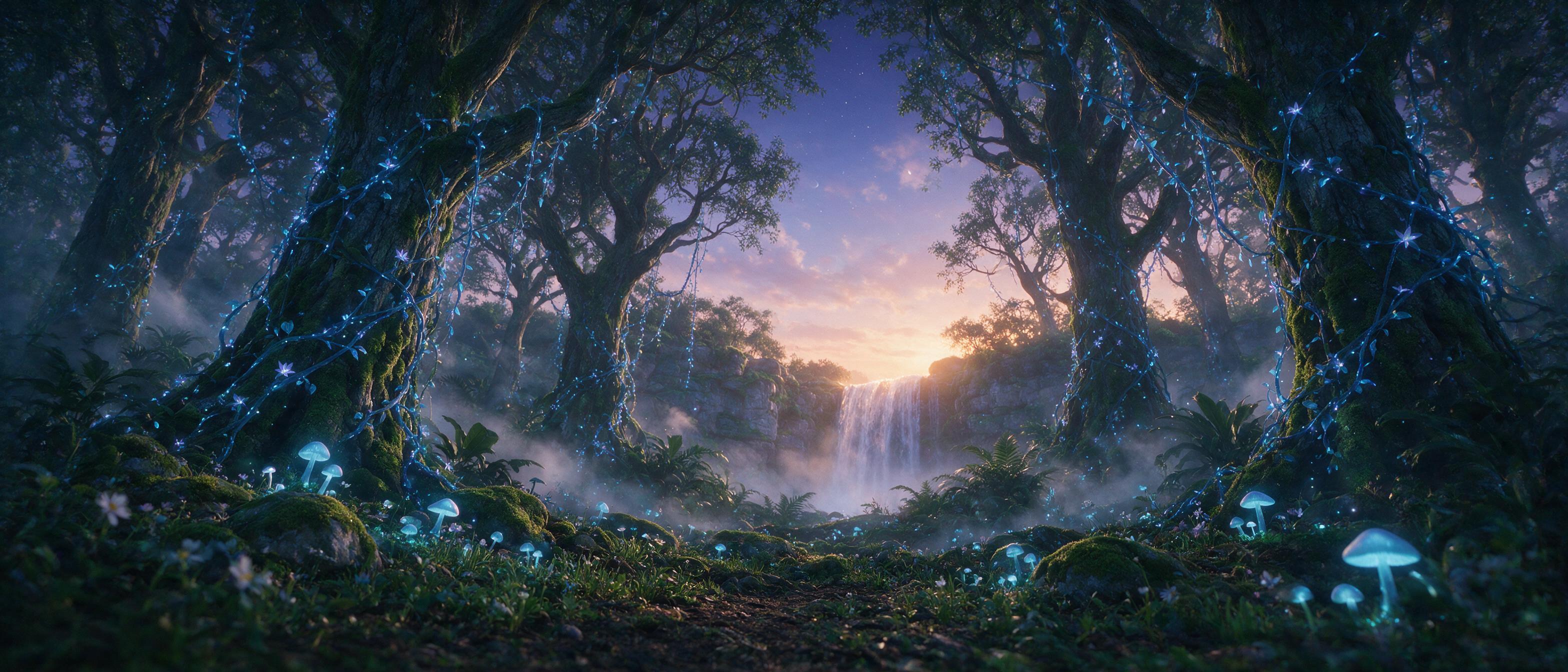 A mystical forest at twilight, bioluminescent mushrooms and glowing blue vines winding around ancient gnarled trees, soft mist swirling at ground level, a distant waterfall catching the last orange light, ethereal atmosphere, low angle view, cinematic lighting, slight grain